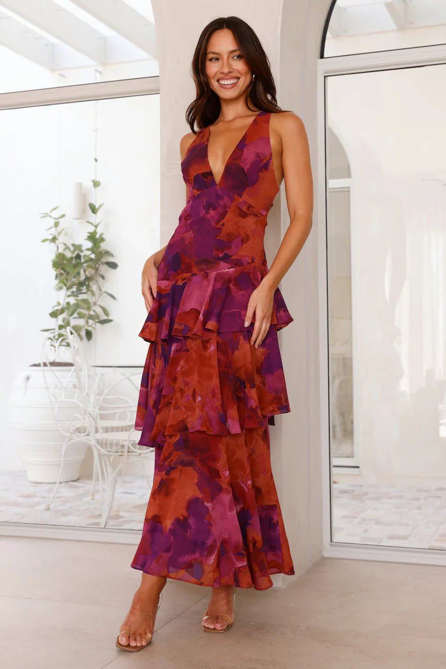 Ivy - Women's Floral Tiered Maxi Dress with V - Neckline - Dresses - Purple - Parker&Brooks