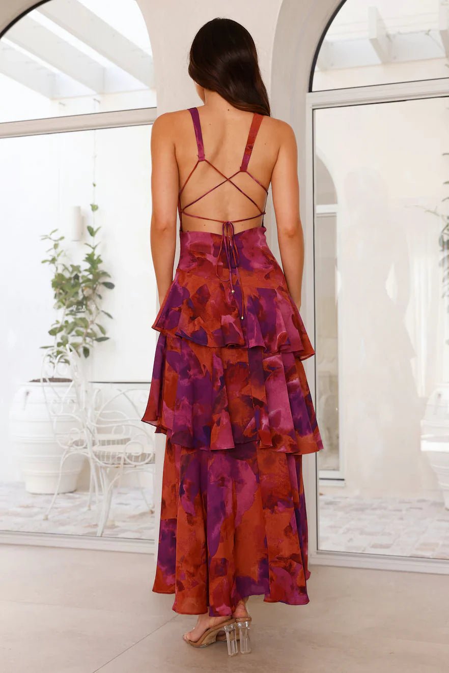 Ivy - Women's Floral Tiered Maxi Dress with V - Neckline - Dresses - Purple - Parker&Brooks