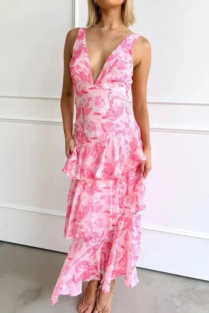 Ivy - Women's Floral Tiered Maxi Dress with V - Neckline - Dresses - Pink - Parker&Brooks