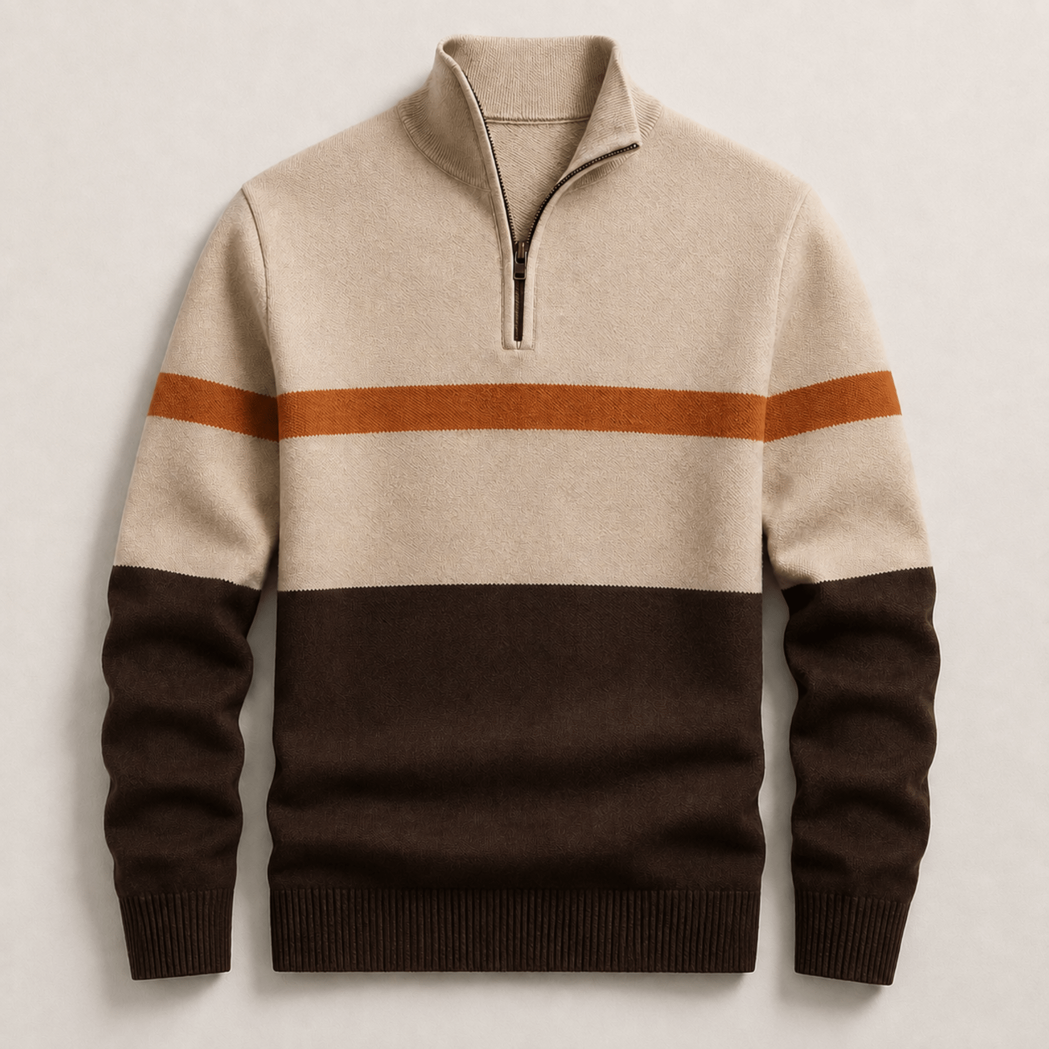 James - Men's Colorblock Quarter-Zip Sweater with Stripe Detail - Sweaters - Beige - Parker&Brooks
