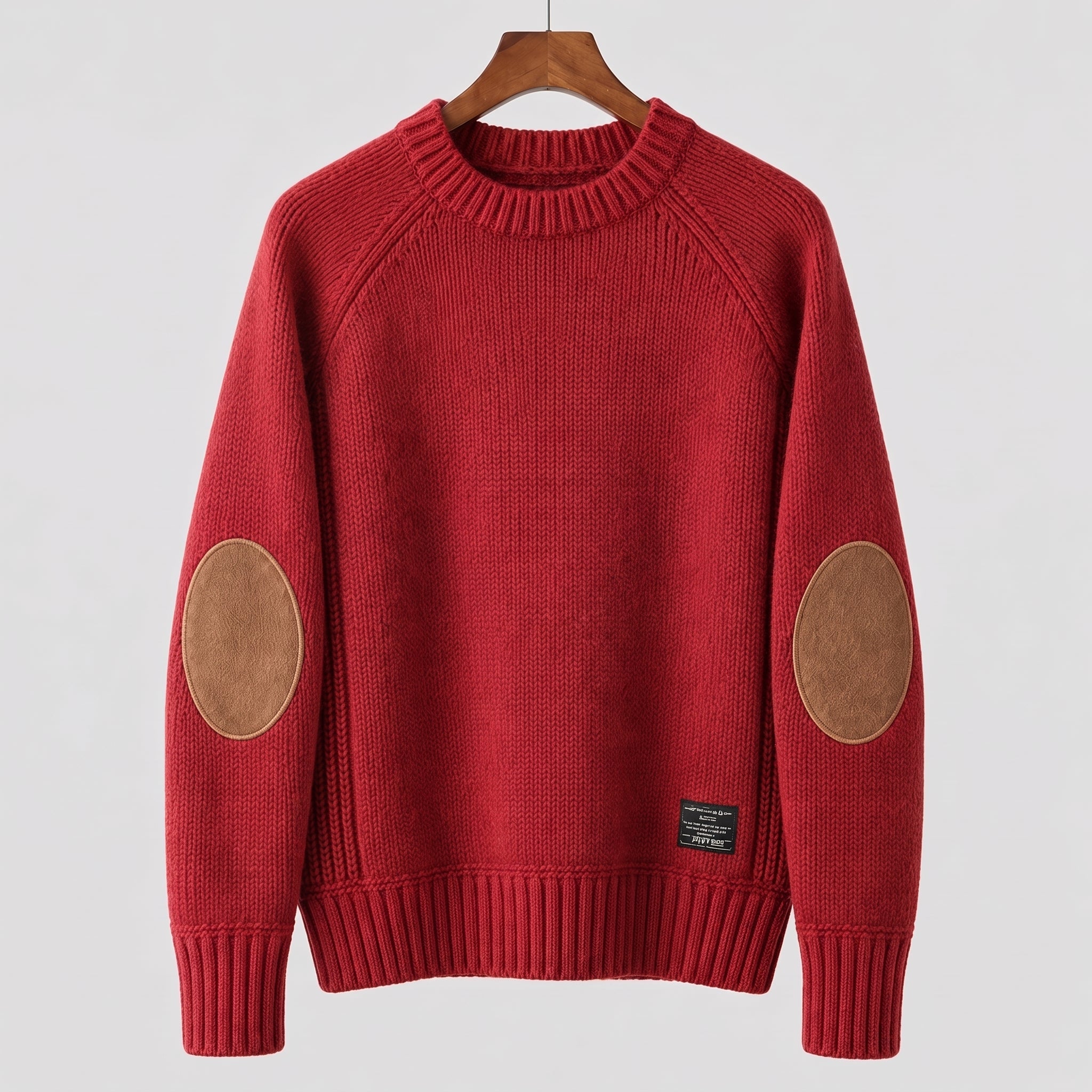 James - Men's Crew Neck Sweater with Elbow Patches - Sweaters - Red - Parker&Brooks