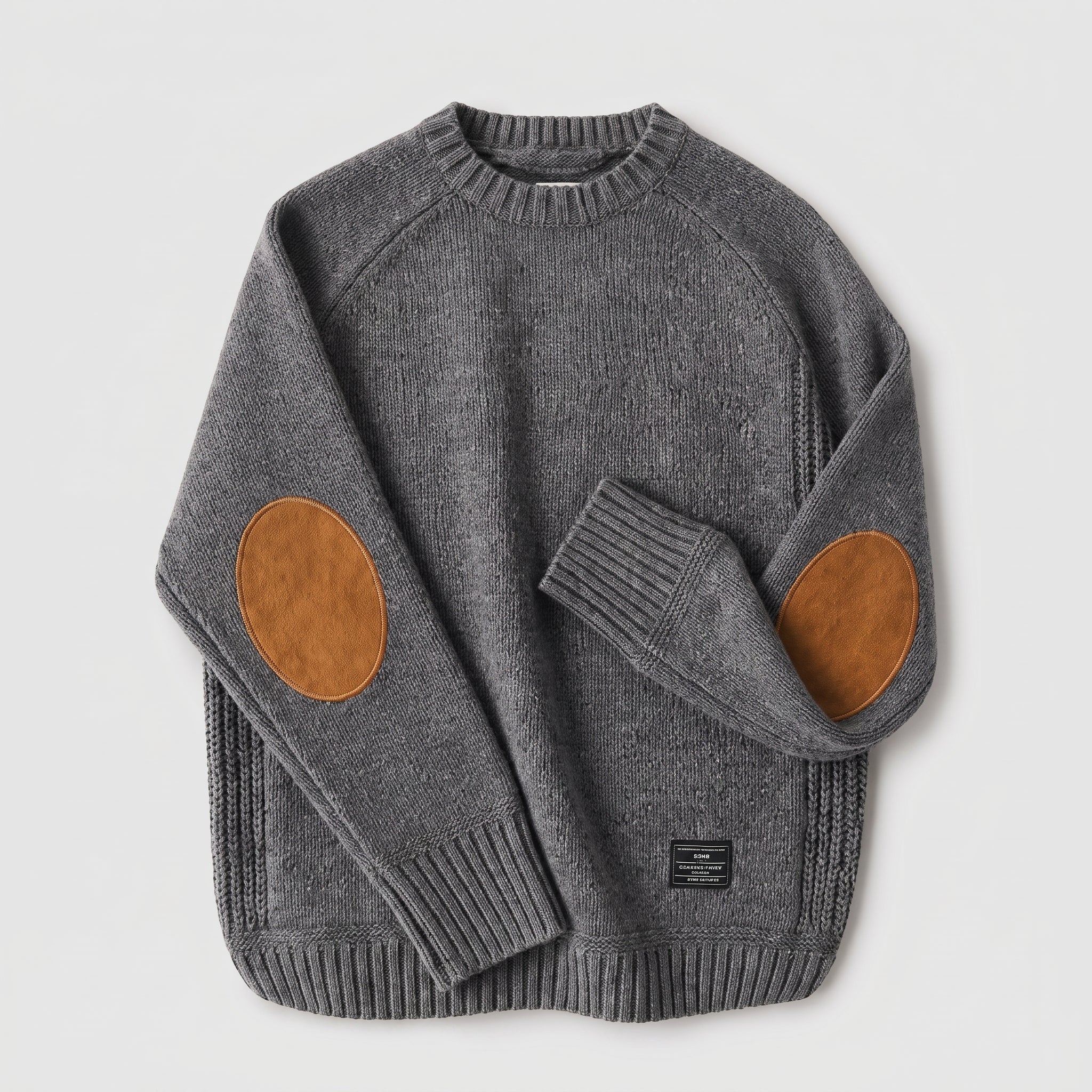 James - Men's Crew Neck Sweater with Elbow Patches - Sweaters - Gray - Parker&Brooks