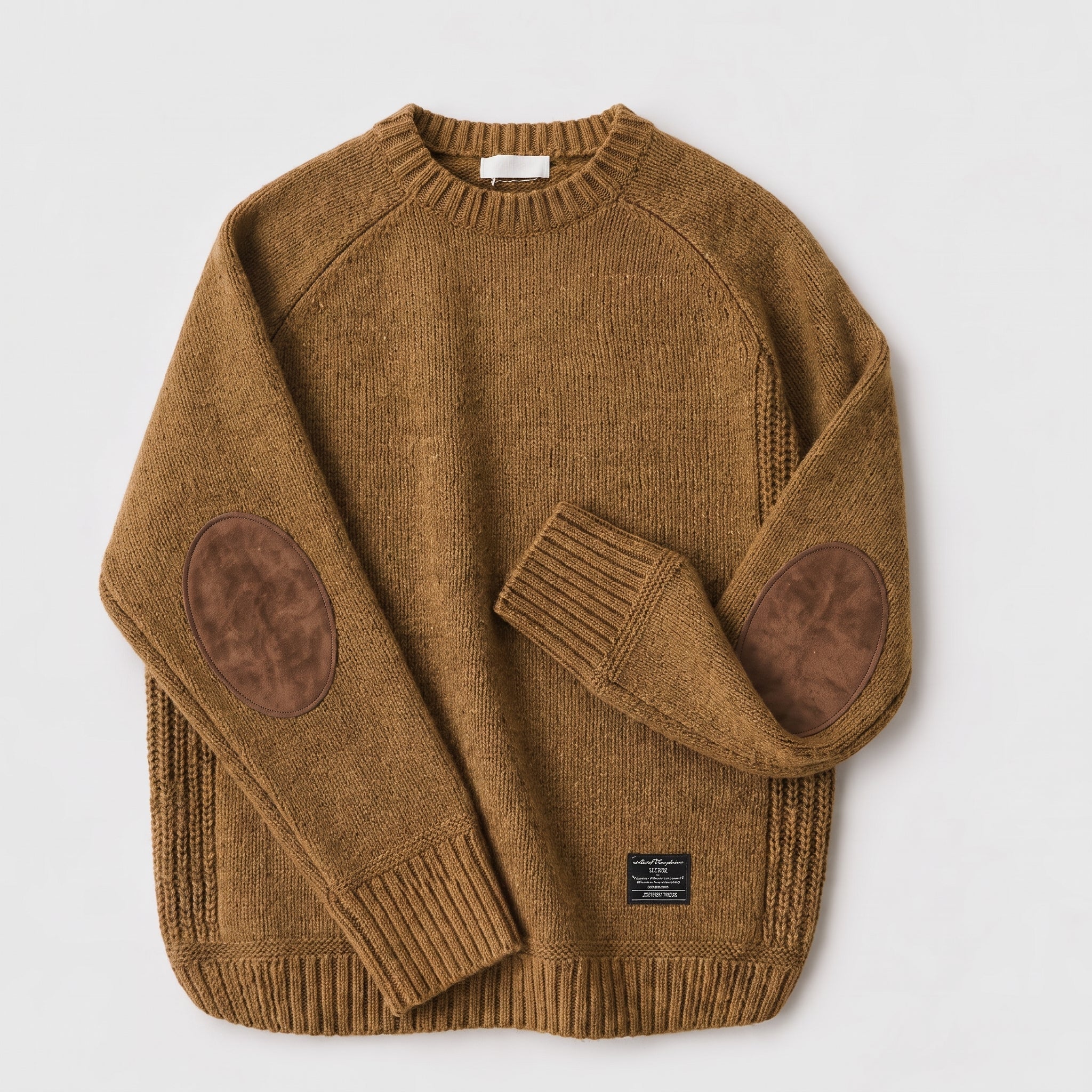 James - Men's Crew Neck Sweater with Elbow Patches - Sweaters - Brown - Parker&Brooks