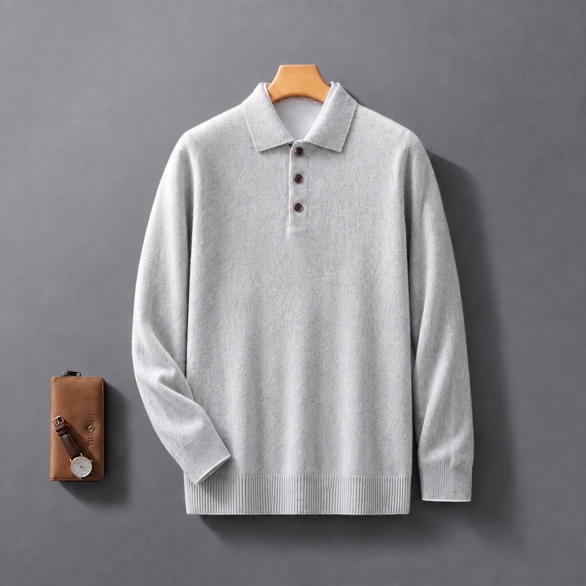 James - Men's Knitted Polo Shirt with Button Placket - Polos - Gray - Parker&Brooks