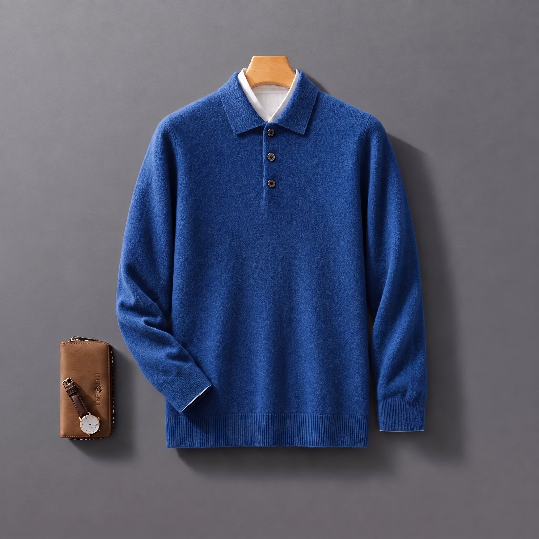 James - Men's Knitted Polo Shirt with Button Placket - Polos - Blue - Parker&Brooks