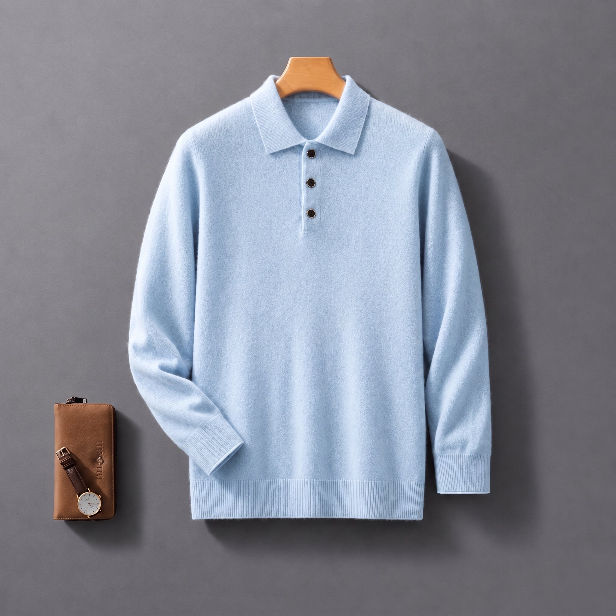 James - Men's Knitted Polo Shirt with Button Placket - Polos - Sky Blue - Parker&Brooks