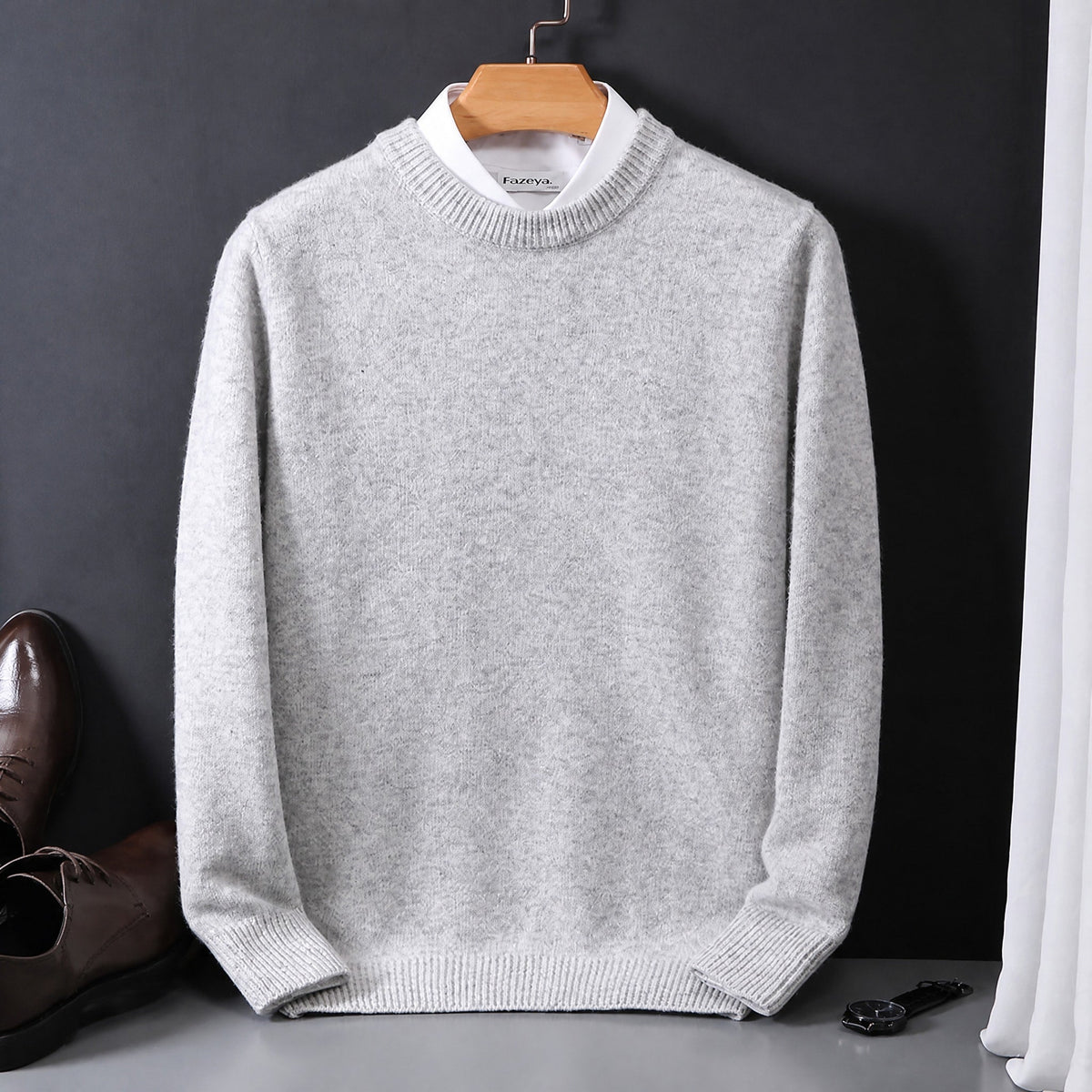 James - Men's Mock Neck Layered Collar Knit Sweater - Sweaters - Gray - Parker&Brooks