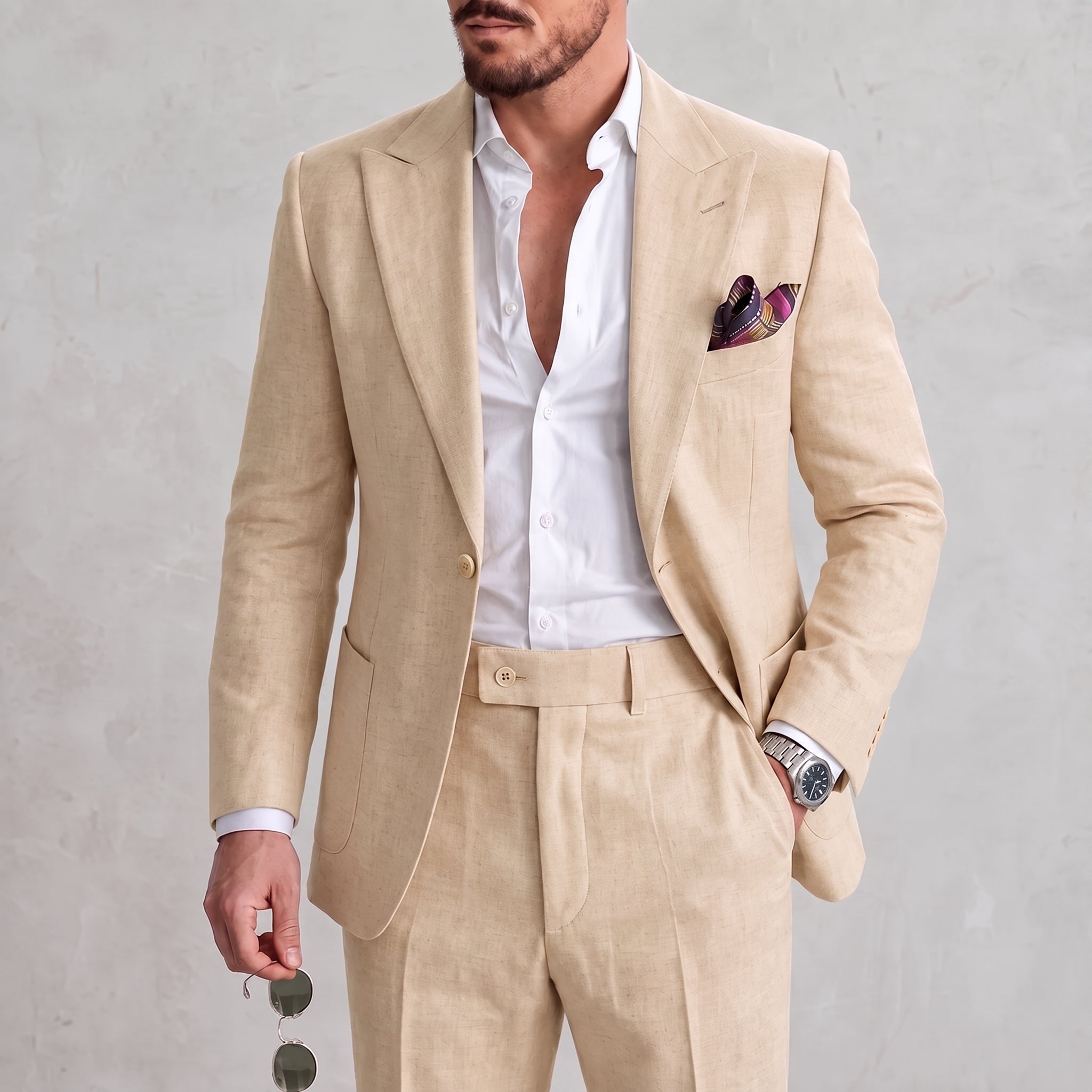 James - Men's Slim Fit Peaked Lapel Two-Piece Wedding Guest Suit - Tuxedos - Beige - Parker&Brooks