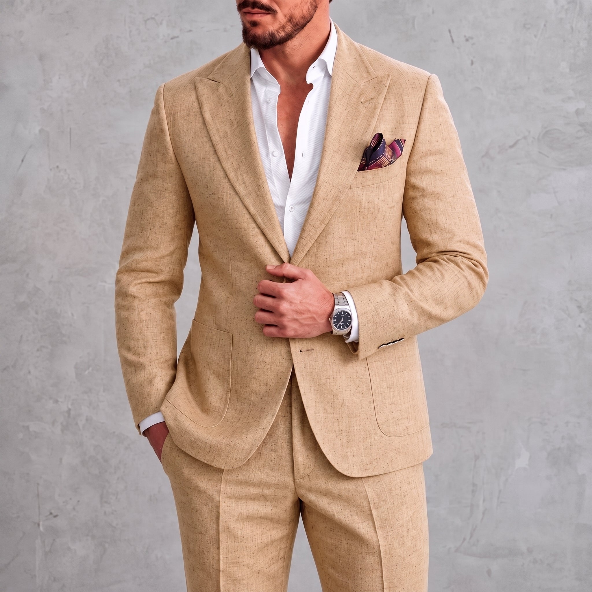 James - Men's Slim Fit Peaked Lapel Two-Piece Wedding Guest Suit - Tuxedos - Beige - Parker&Brooks