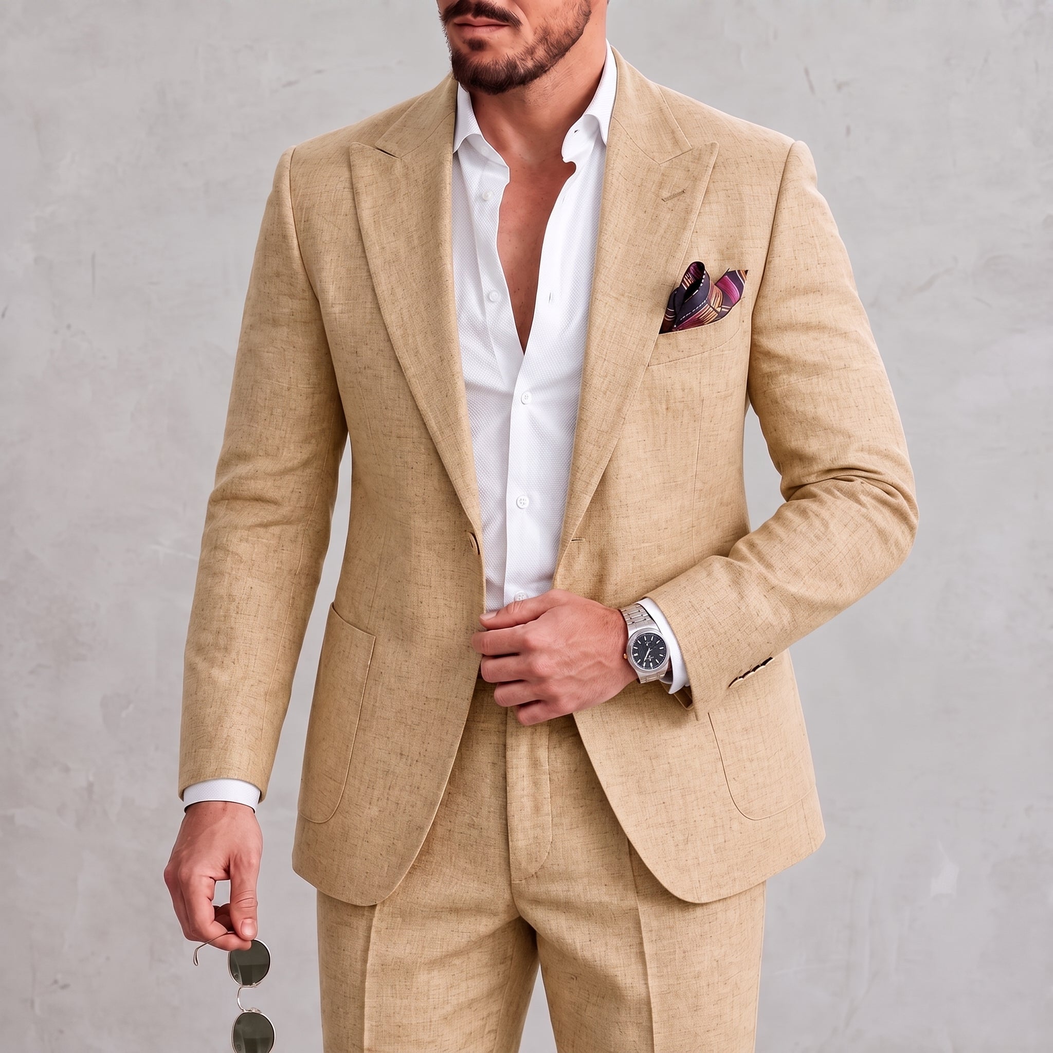 James - Men's Slim Fit Peaked Lapel Two-Piece Wedding Guest Suit - Tuxedos - Beige - Parker&Brooks