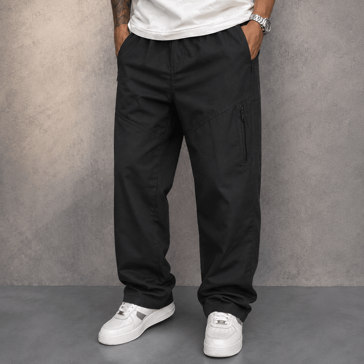 James - Men's Straight Leg Cargo Trousers with Zippered Pockets - Cargo Pants - Black - Parker&Brooks