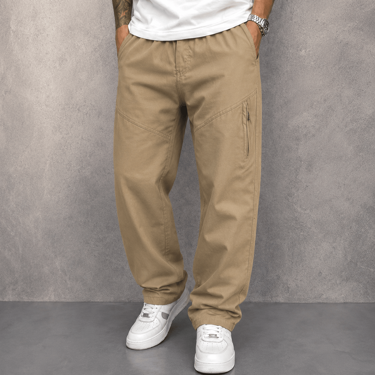 James - Men's Straight Leg Cargo Trousers with Zippered Pockets - Cargo Pants - Khaki - Parker&Brooks