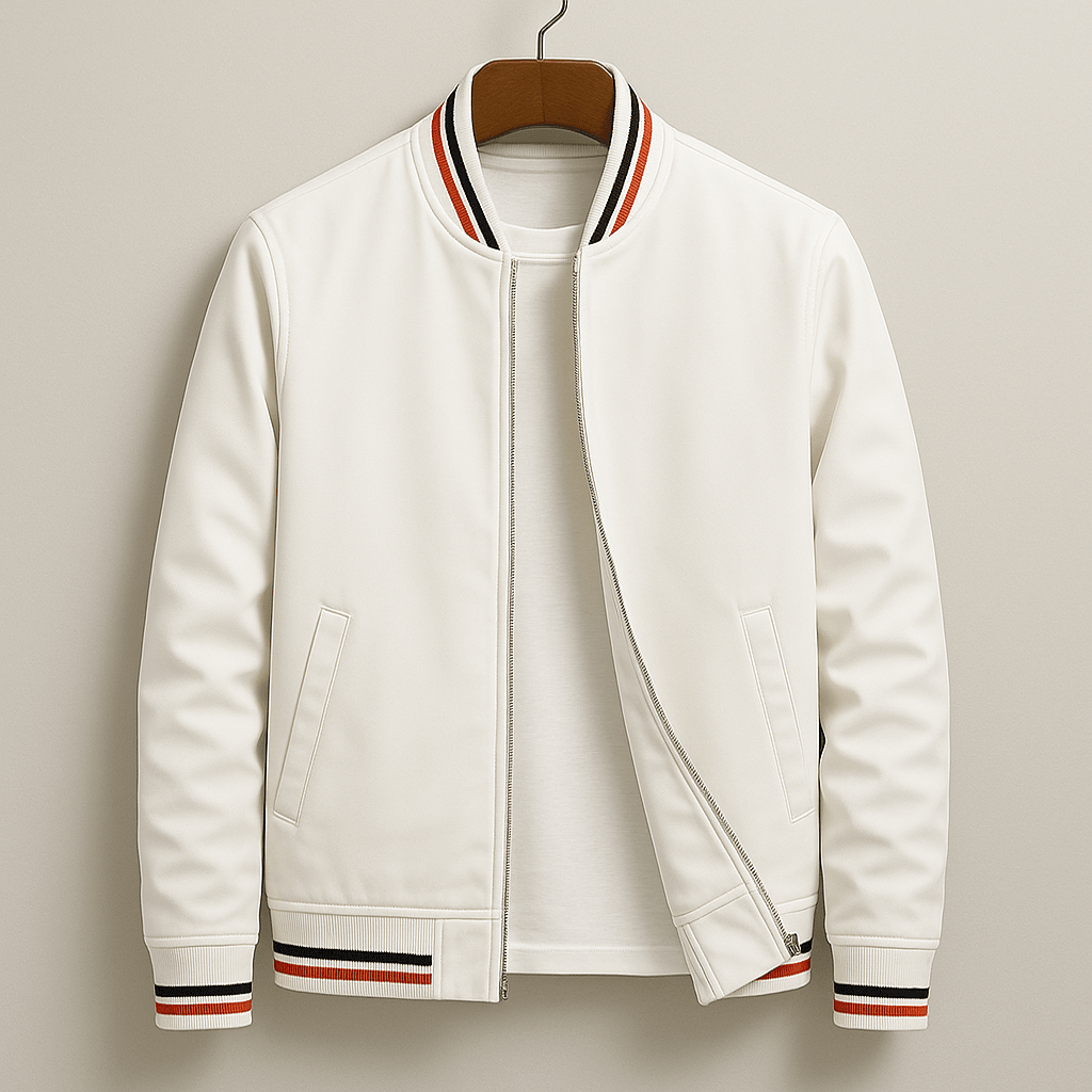 James - Men's Striped Ribbed Bomber Jacket with Zip Front - Bomber Jackets - White - Parker&Brooks