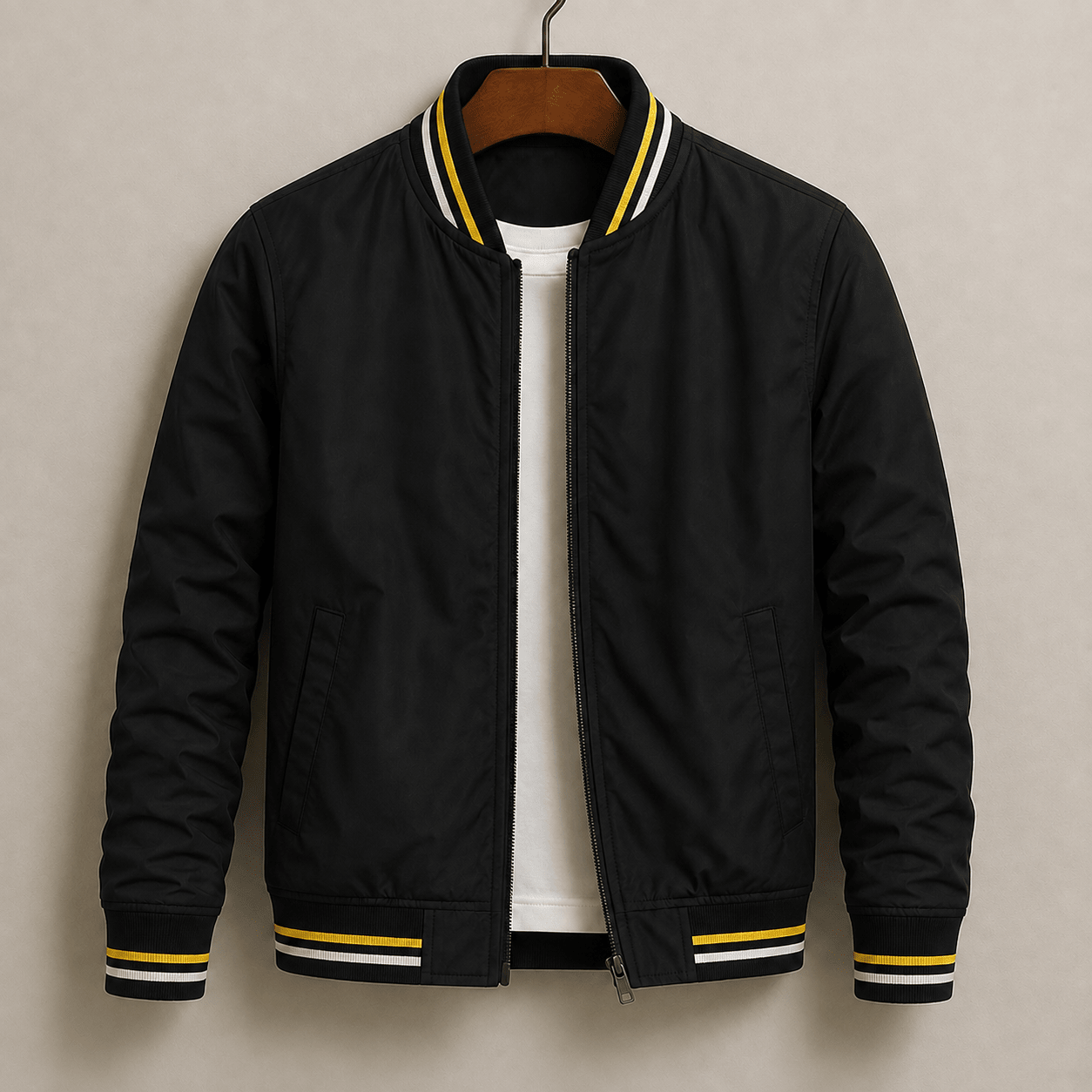 James - Men's Striped Ribbed Bomber Jacket with Zip Front - Bomber Jackets - Black - Parker&Brooks