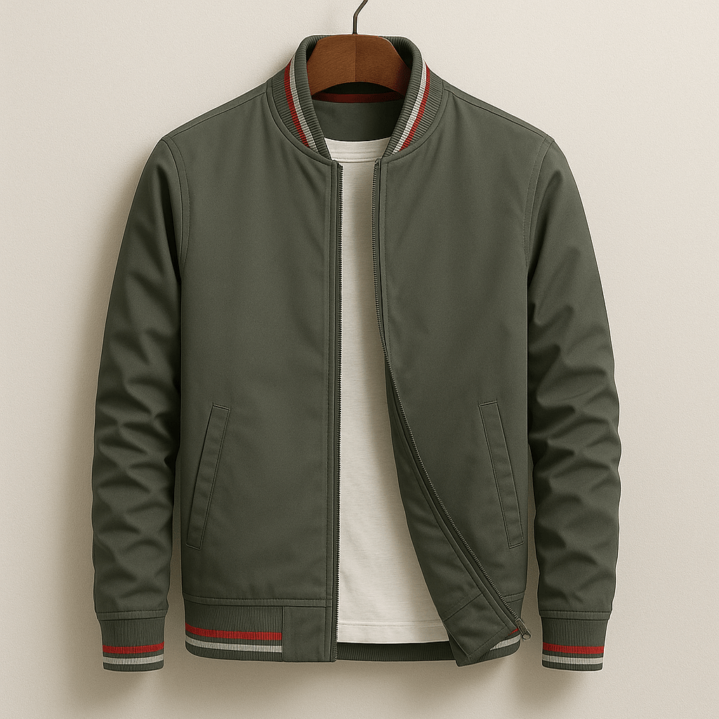 James - Men's Striped Ribbed Bomber Jacket with Zip Front - Bomber Jackets - Sage - Parker&Brooks