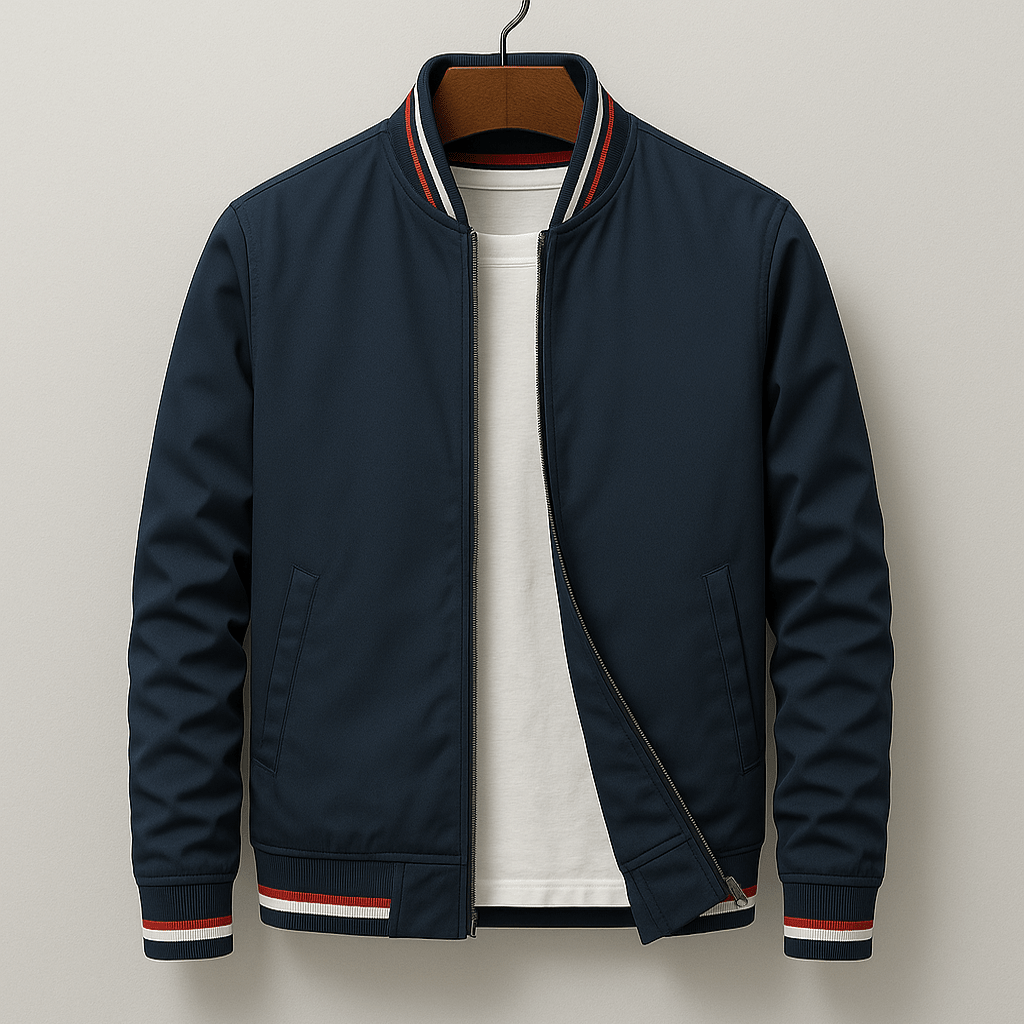 James - Men's Striped Ribbed Bomber Jacket with Zip Front - Bomber Jackets - Navy Blue - Parker&Brooks