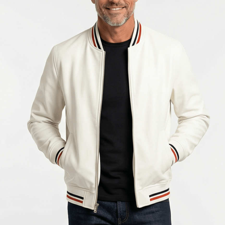James - Men's Striped Ribbed Bomber Jacket with Zip Front - Bomber Jackets - White - Parker&Brooks