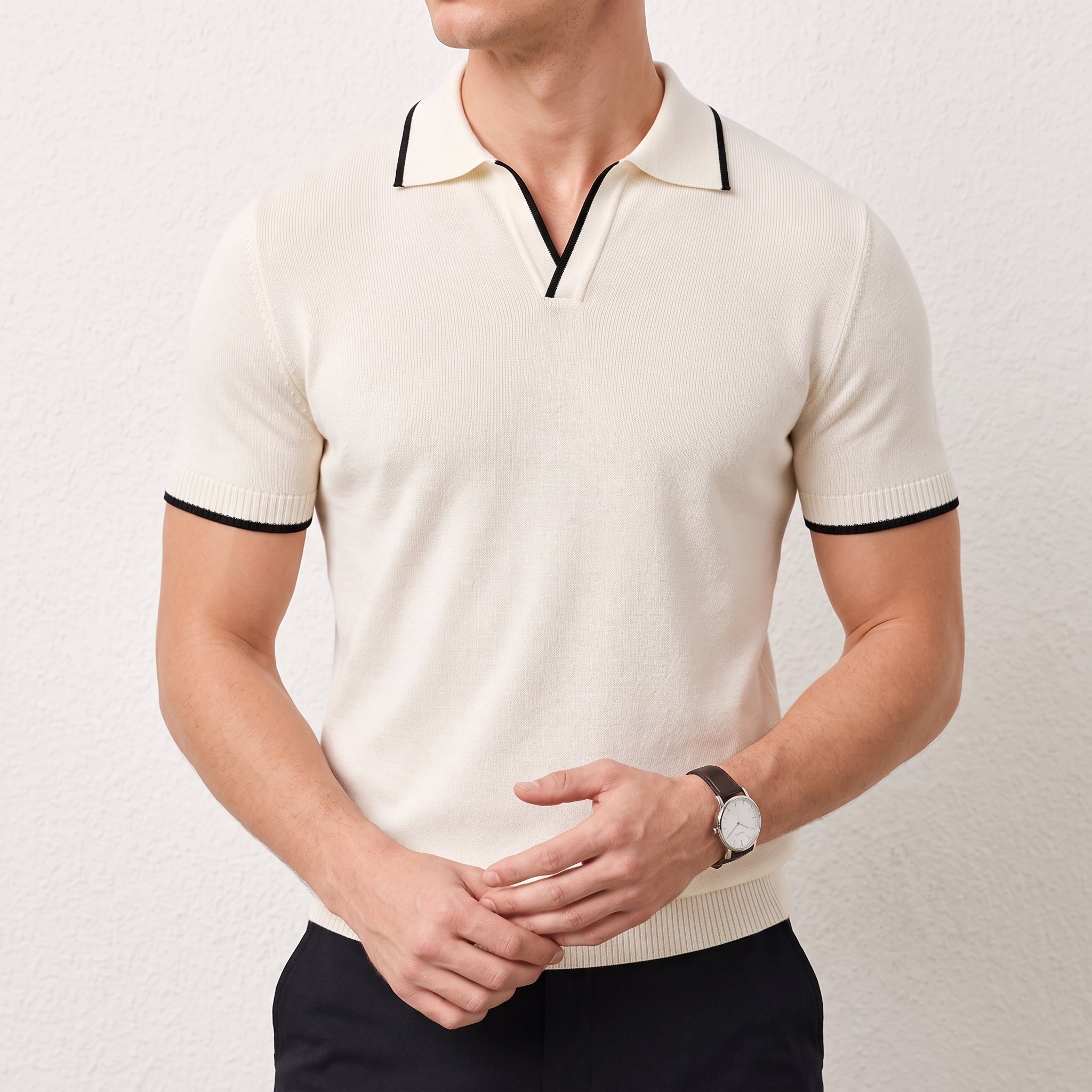 James - Men's Summer Contrast Tipped Collar Polo Shirt - Polos - Beige - Parker&Brooks
