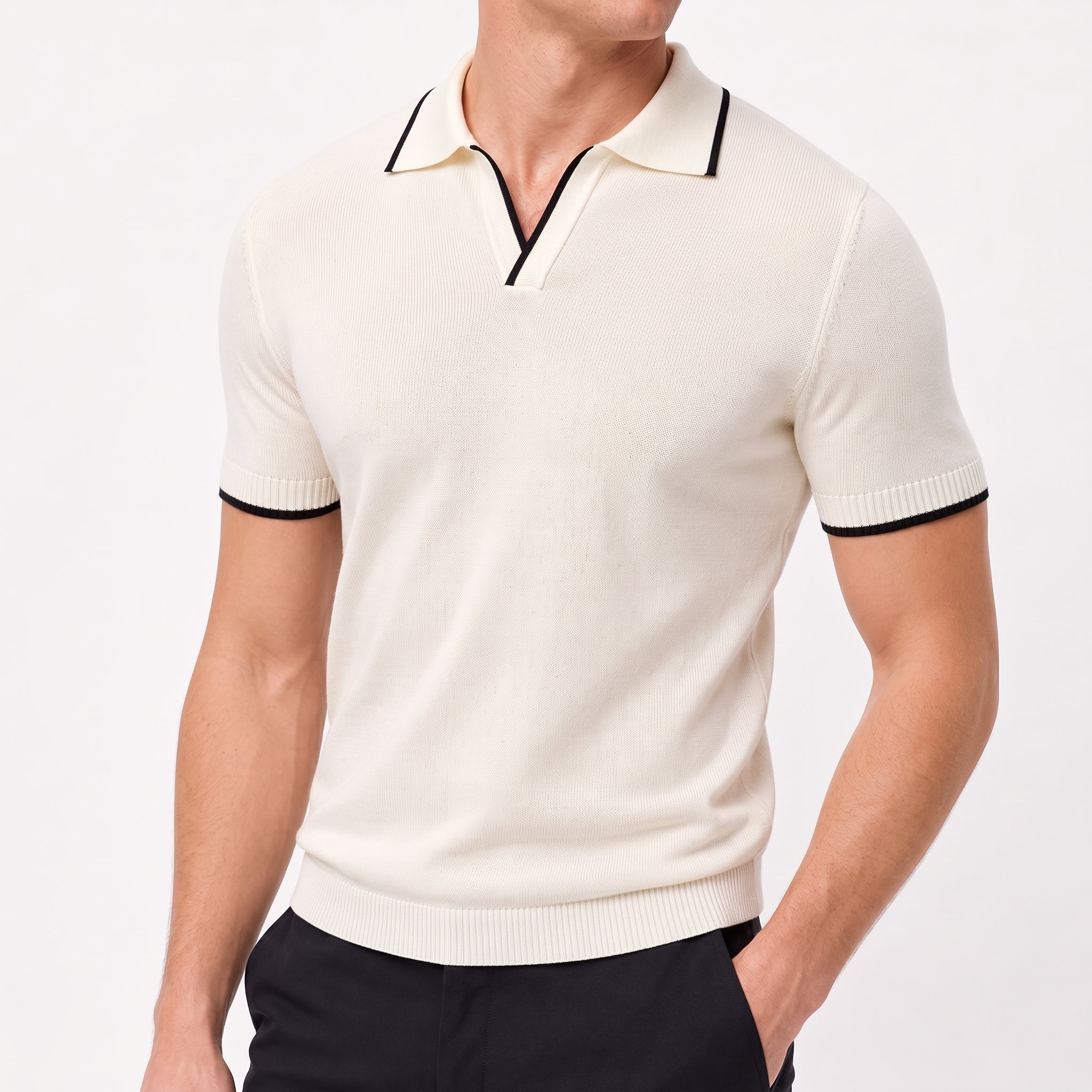 James - Men's Summer Contrast Tipped Collar Polo Shirt - Polos - Beige - Parker&Brooks