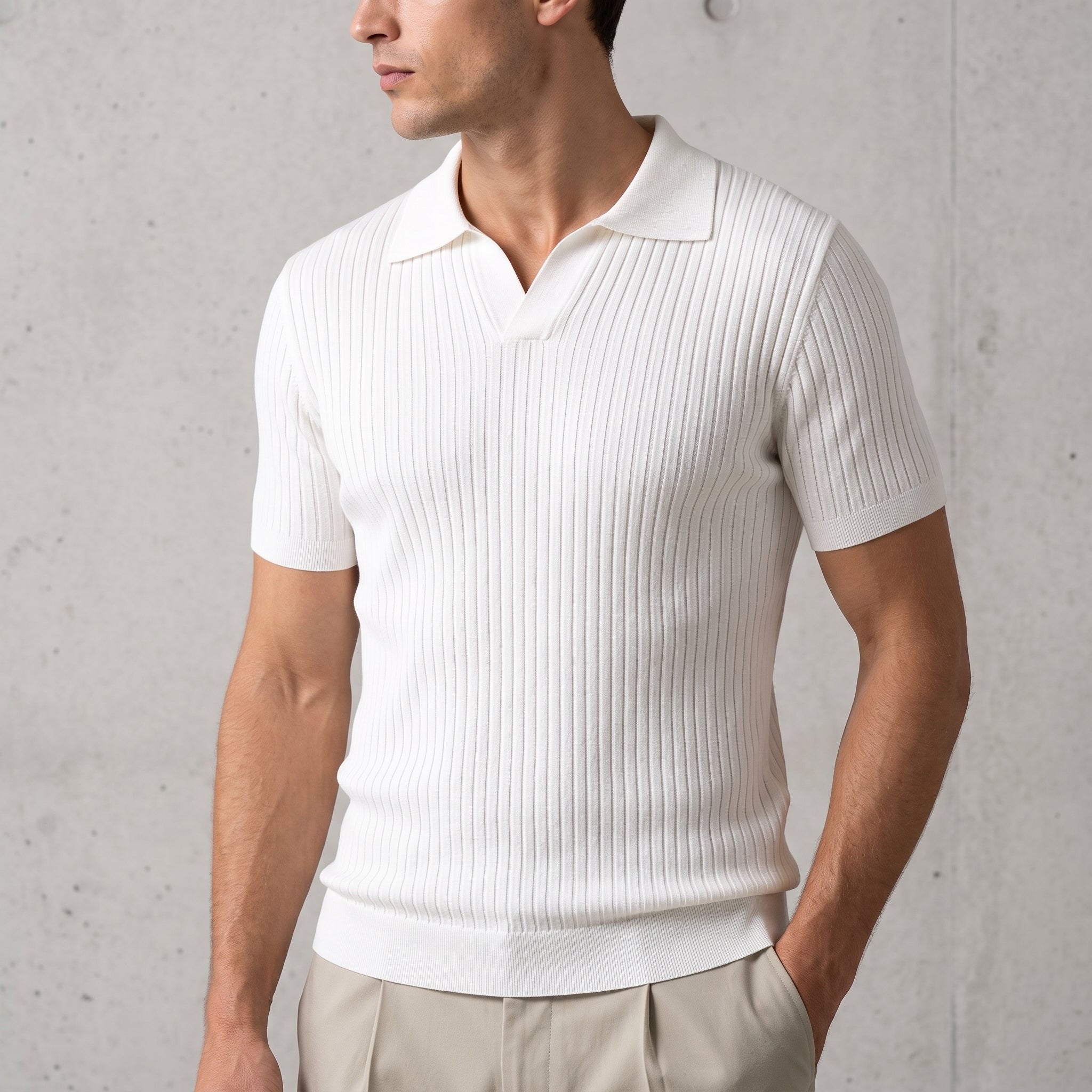 James - Men's Summer Ribbed Collar Short Sleeve Polo Shirt - Polos - White - Parker&Brooks