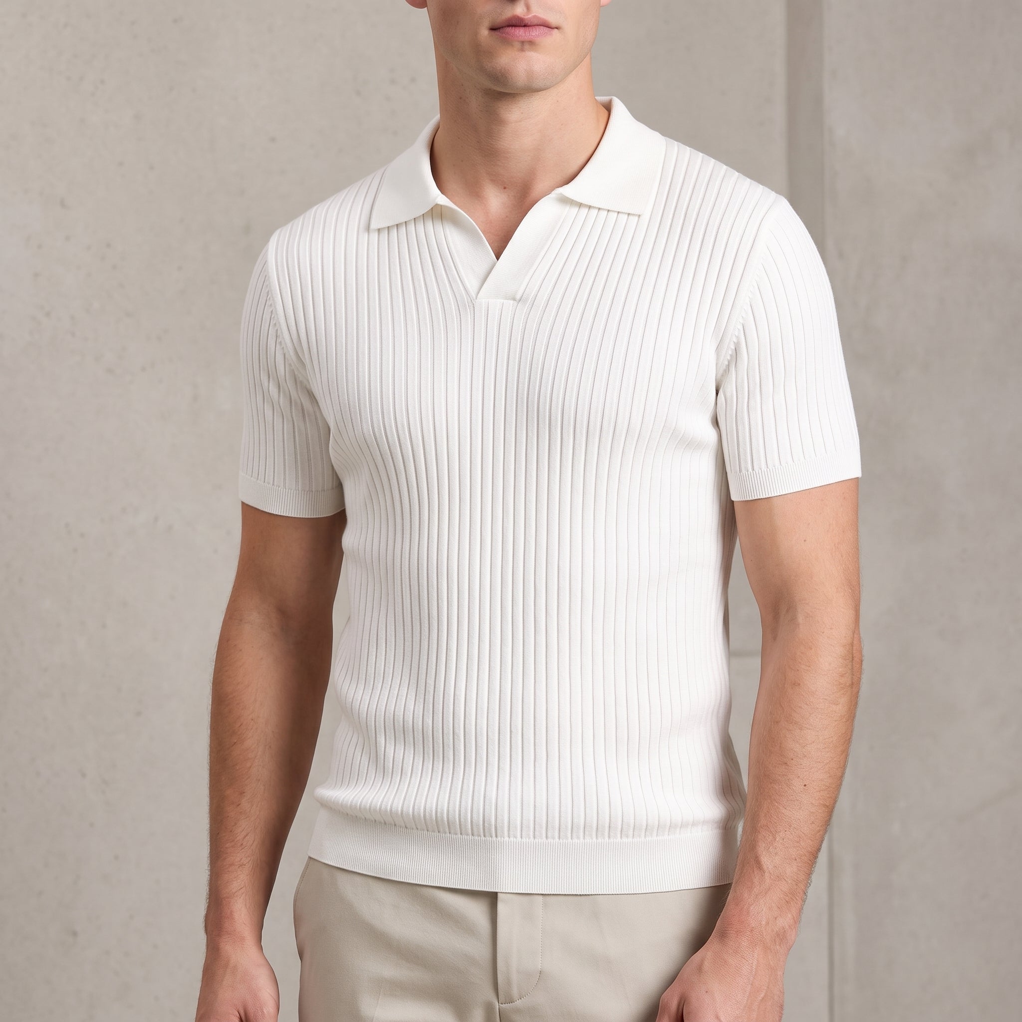 James - Men's Summer Ribbed Collar Short Sleeve Polo Shirt - Polos - White - Parker&Brooks