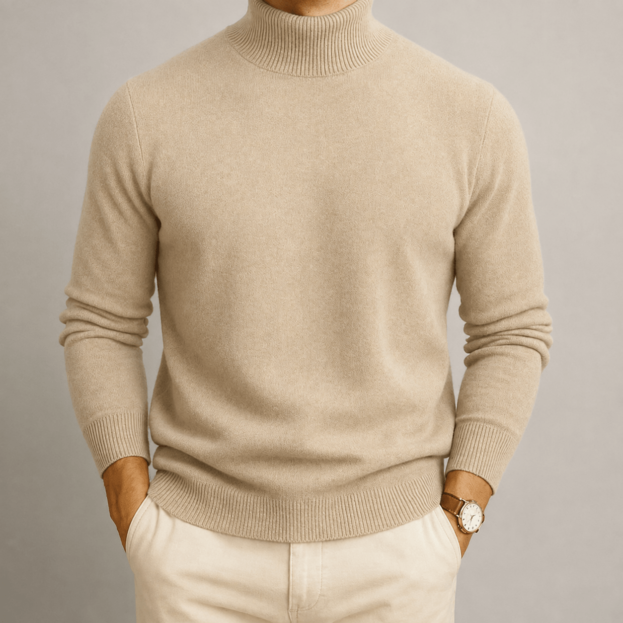James - Men's Turtleneck Sweater with Ribbed Cuffs - Sweaters - Beige - Parker&Brooks