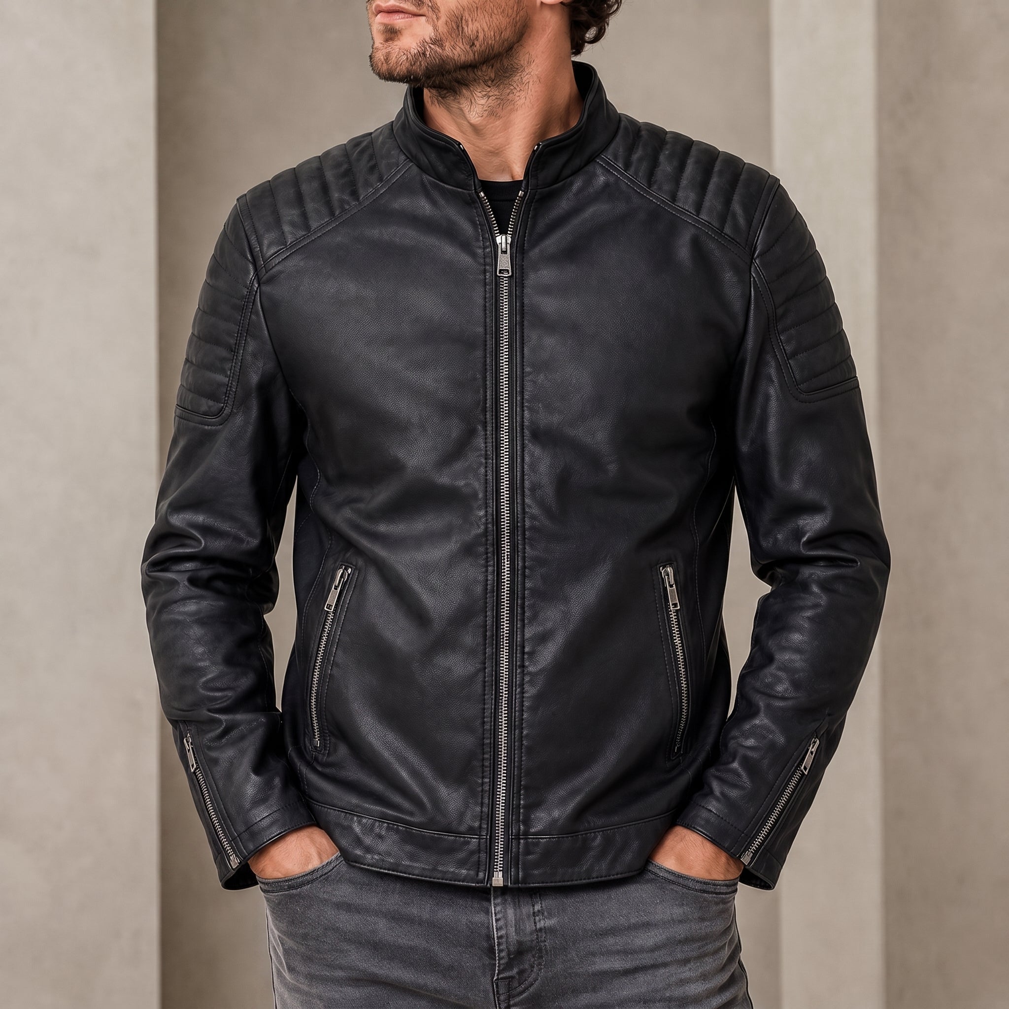 James - Men's Zip-Up Transitional Jacket with Quilted Shoulders - Coats & Jackets - Black - Parker&Brooks
