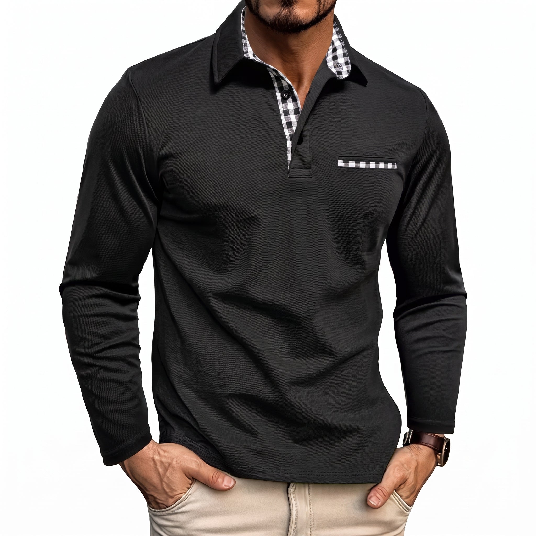 Johann - Men's Long Sleeve Polo Shirt with Contrast Check Collar - Polos - Black - Parker&Brooks
