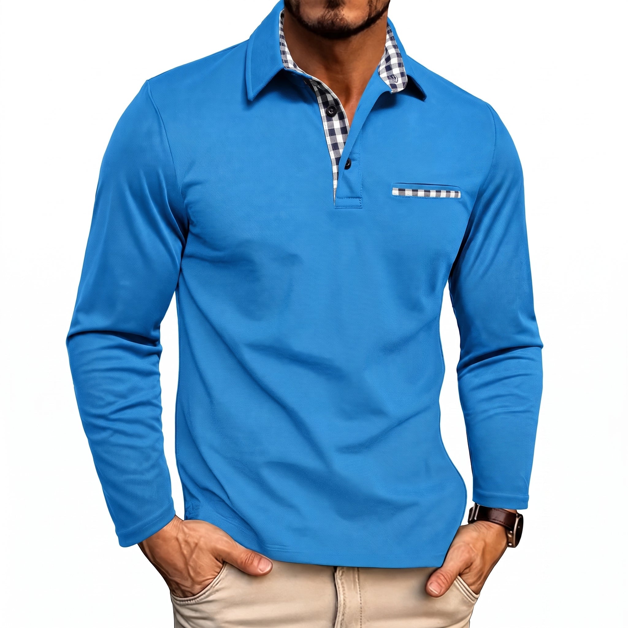 Johann - Men's Long Sleeve Polo Shirt with Contrast Check Collar - Polos - Blue - Parker&Brooks