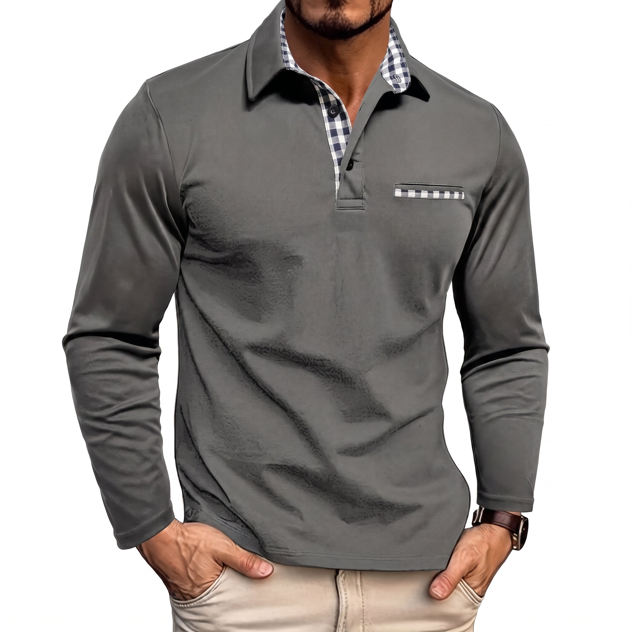 Johann - Men's Long Sleeve Polo Shirt with Contrast Check Collar - Polos - Gray - Parker&Brooks