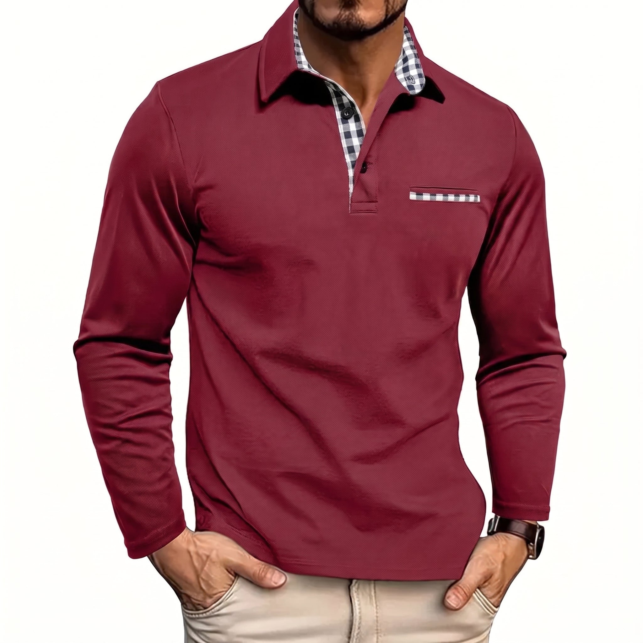 Johann - Men's Long Sleeve Polo Shirt with Contrast Check Collar - Polos - Red - Parker&Brooks