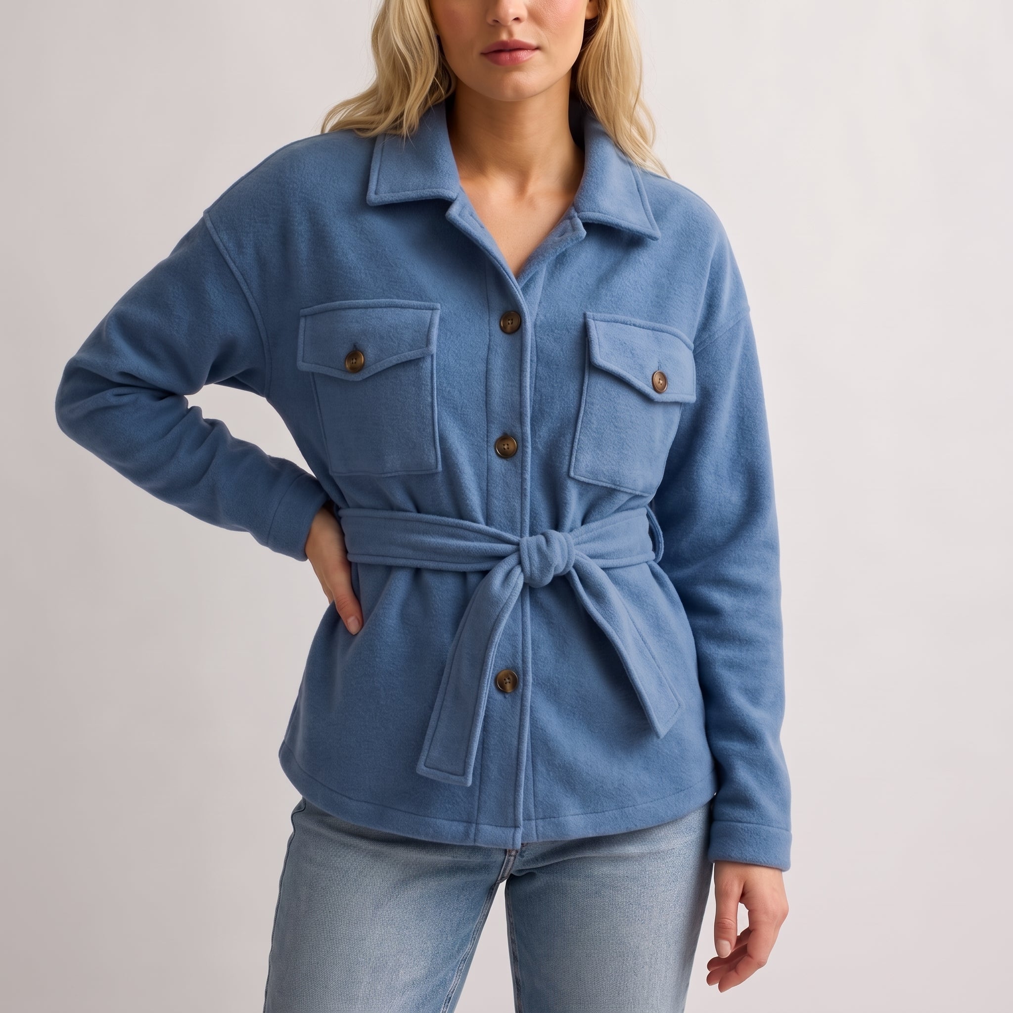 Johanna - Women's Belted Shirt Jacket with Chest Pockets - Jackets - Blue - Parker&Brooks