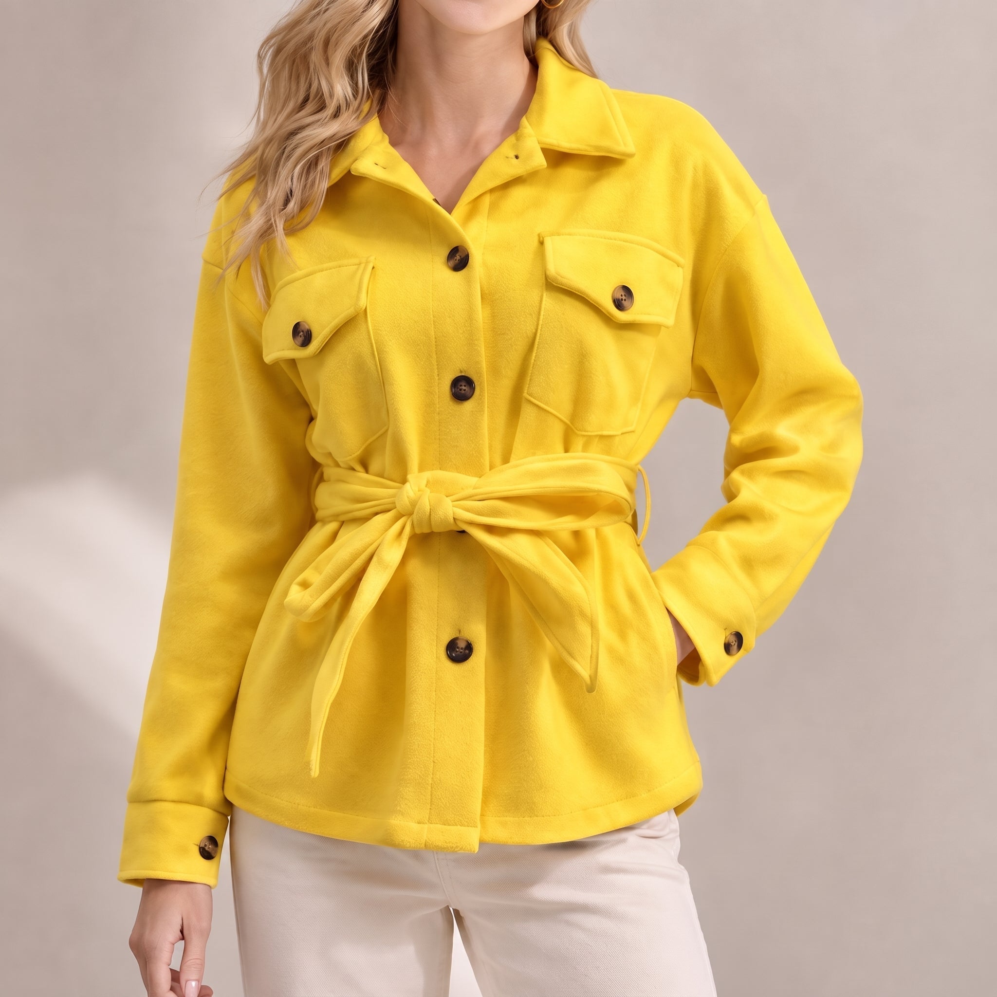 Johanna - Women's Belted Shirt Jacket with Chest Pockets - Jackets - Yellow - Parker&Brooks