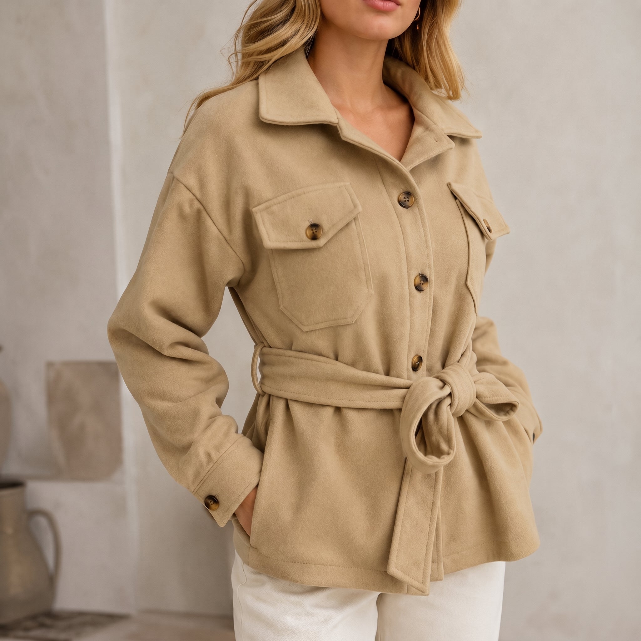 Johanna - Women's Belted Shirt Jacket with Chest Pockets - Jackets - Cream - Parker&Brooks