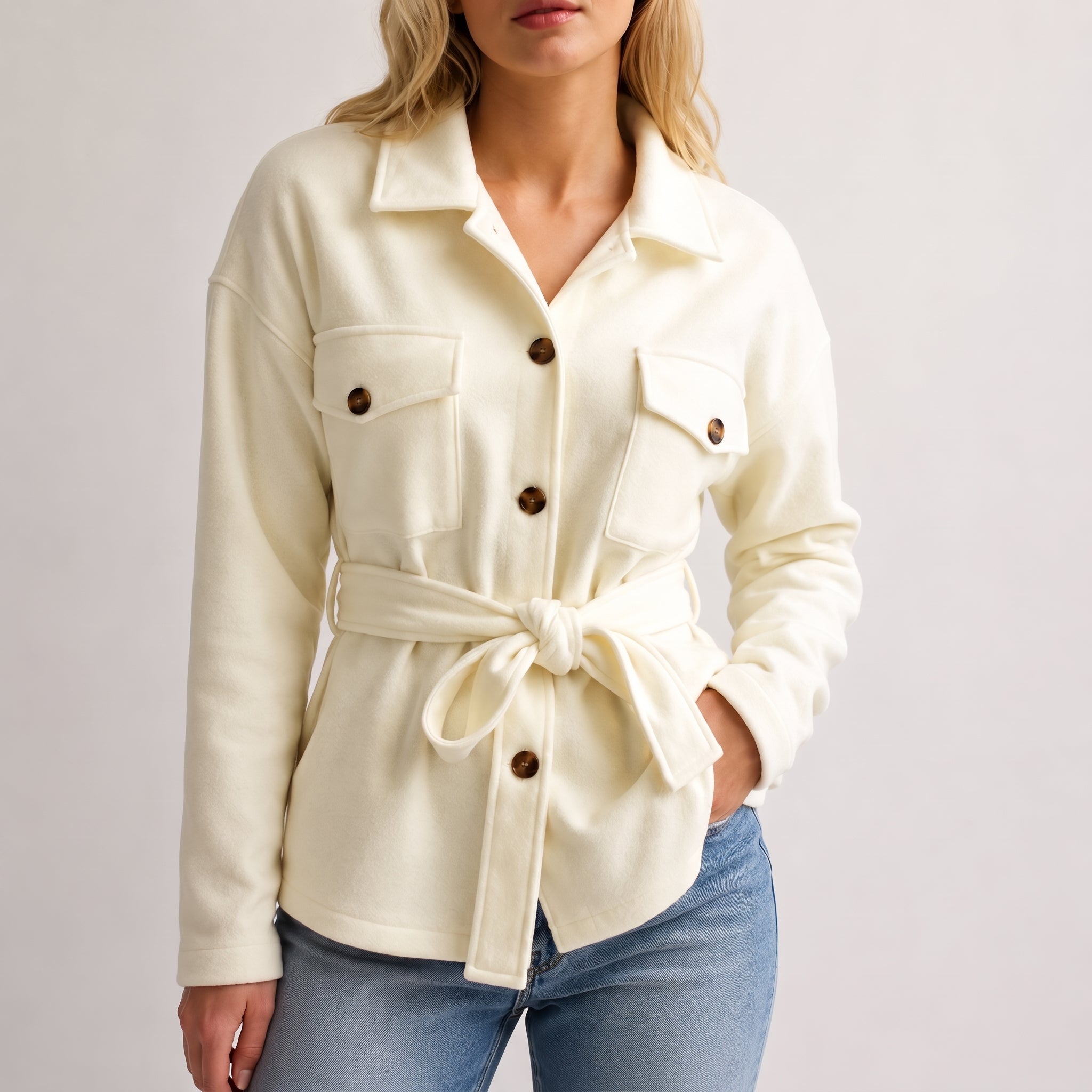 Johanna - Women's Belted Shirt Jacket with Chest Pockets - Jackets - Cream - Parker&Brooks