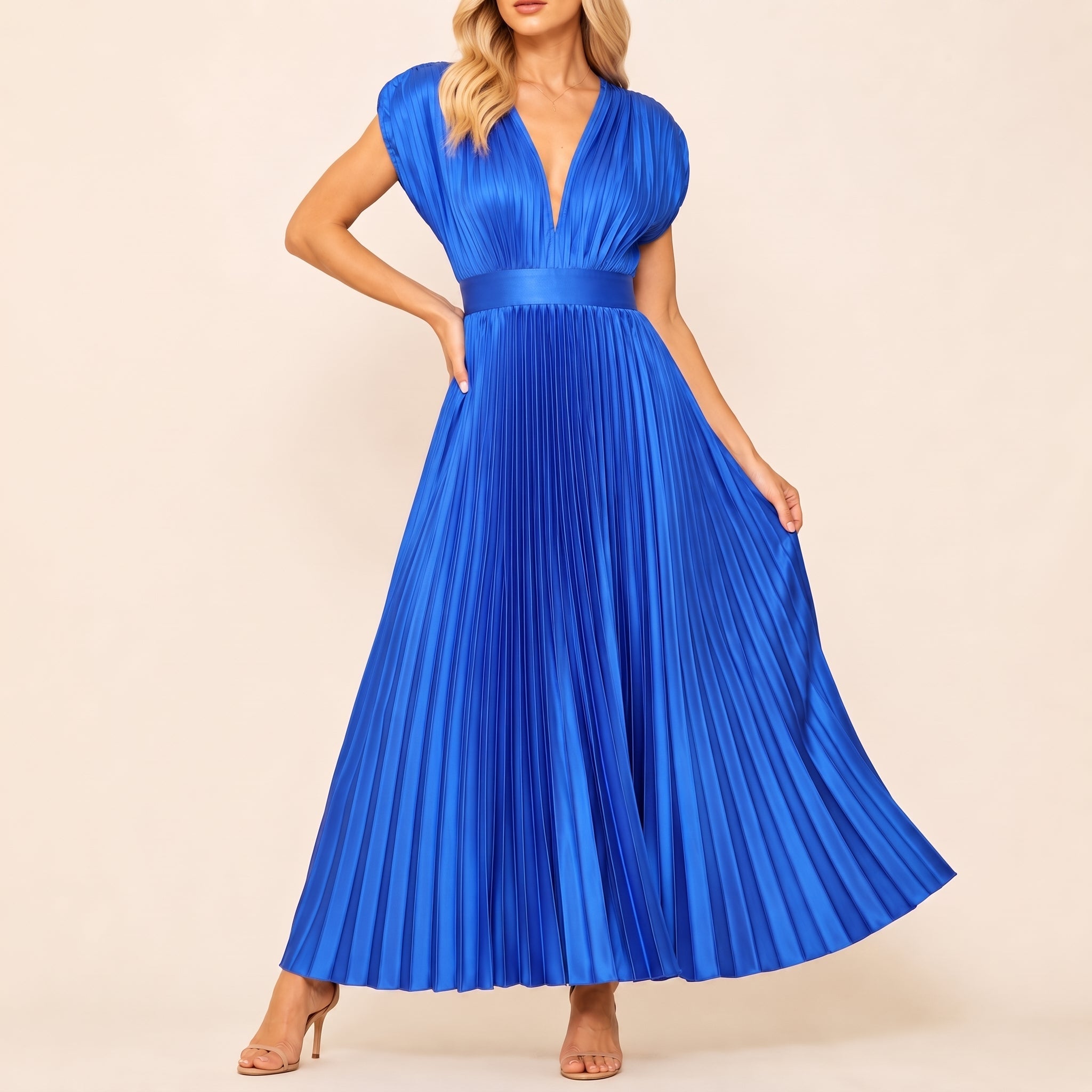 Johanna – Women's Evening Batwing Sleeve Pleated Maxi Dress - Dresses - Blue - Parker&Brooks
