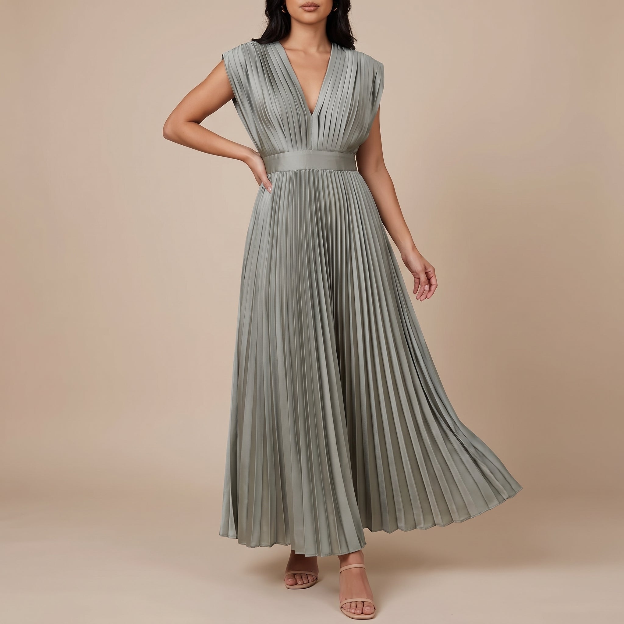 Johanna – Women's Evening Batwing Sleeve Pleated Maxi Dress - Dresses - Grey - Parker&Brooks