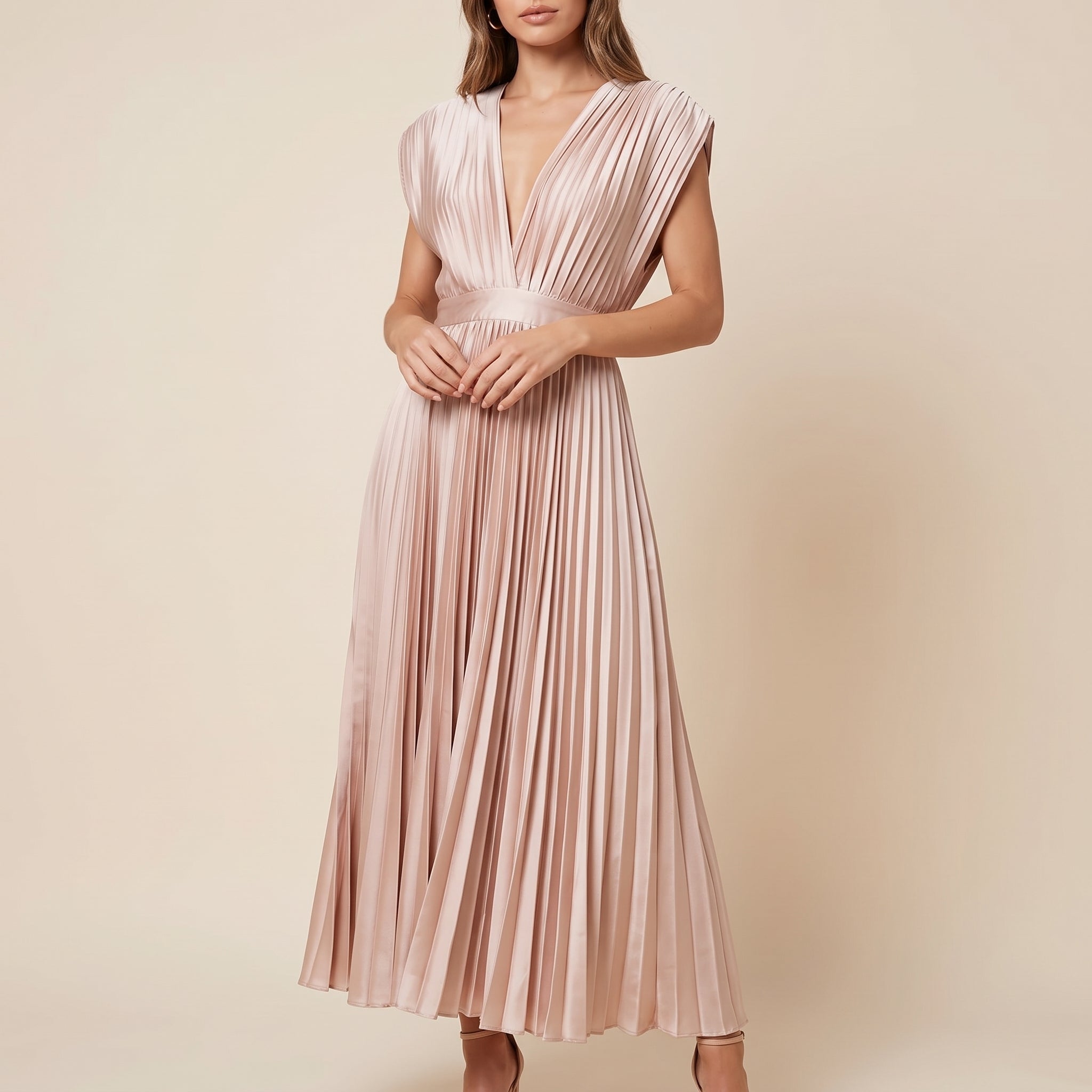 Johanna – Women's Evening Batwing Sleeve Pleated Maxi Dress - Dresses - Pink - Parker&Brooks