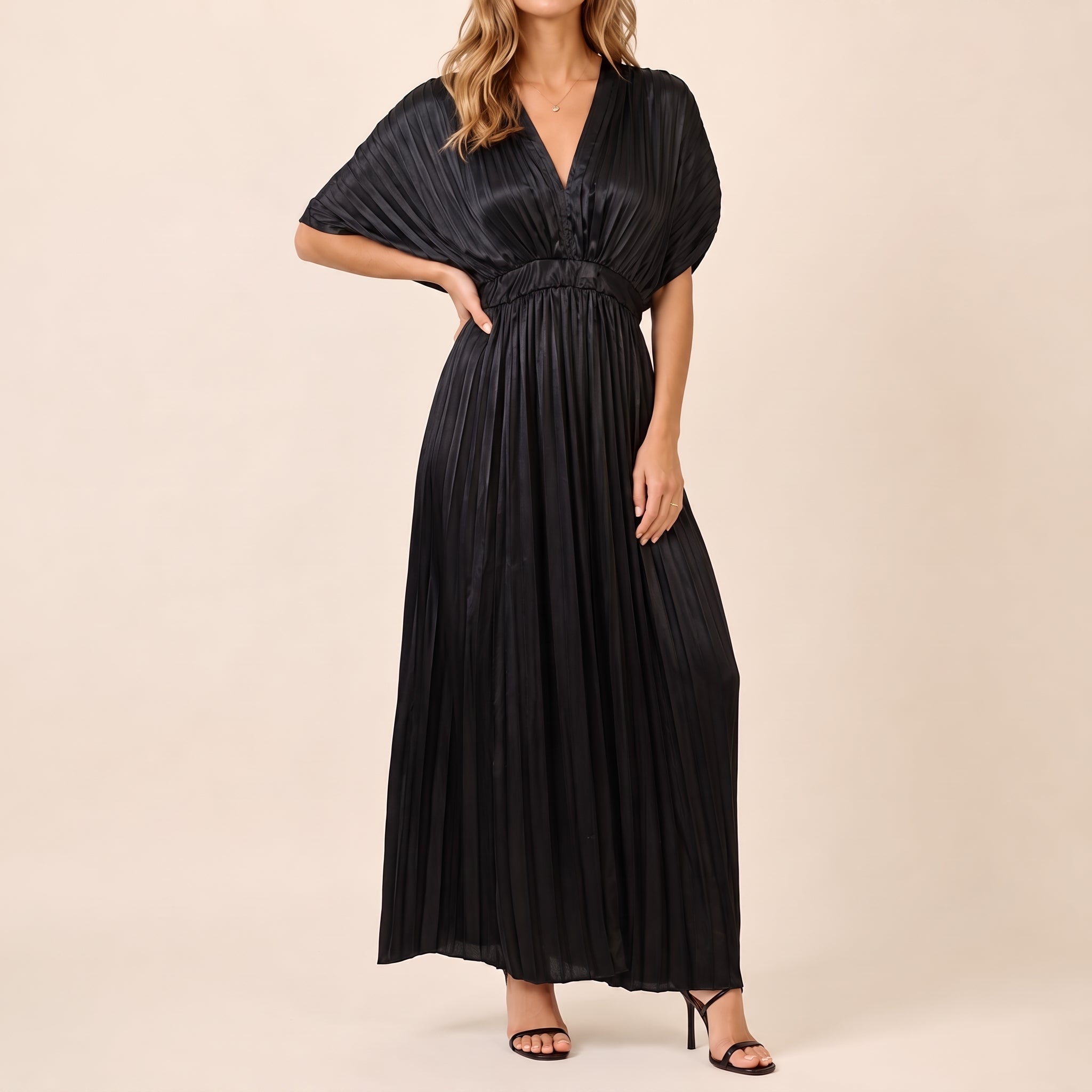 Johanna – Women's Evening Batwing Sleeve Pleated Maxi Dress - Dresses - Black - Parker&Brooks