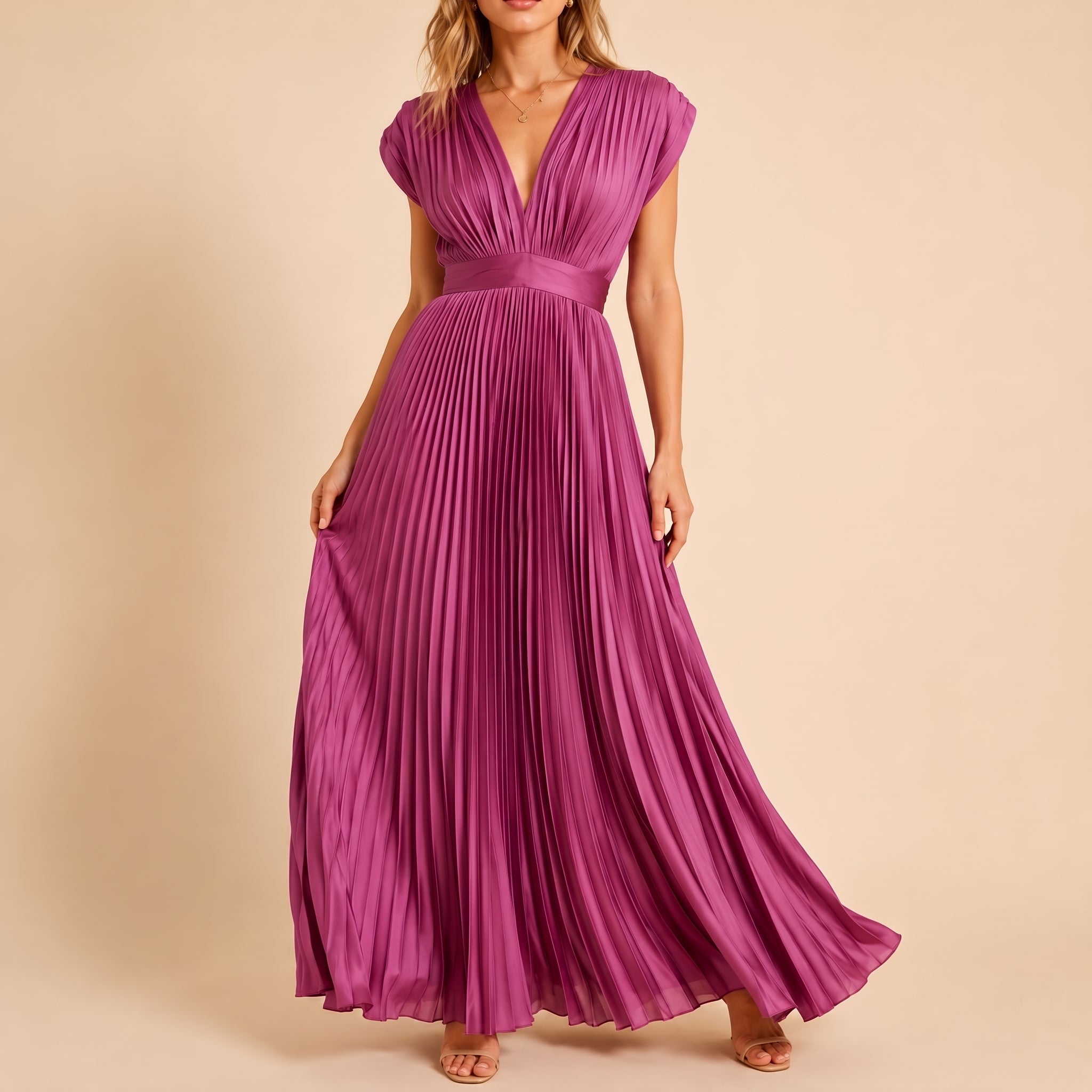 Johanna – Women's Evening Batwing Sleeve Pleated Maxi Dress - Dresses - Fuchsia - Parker&Brooks