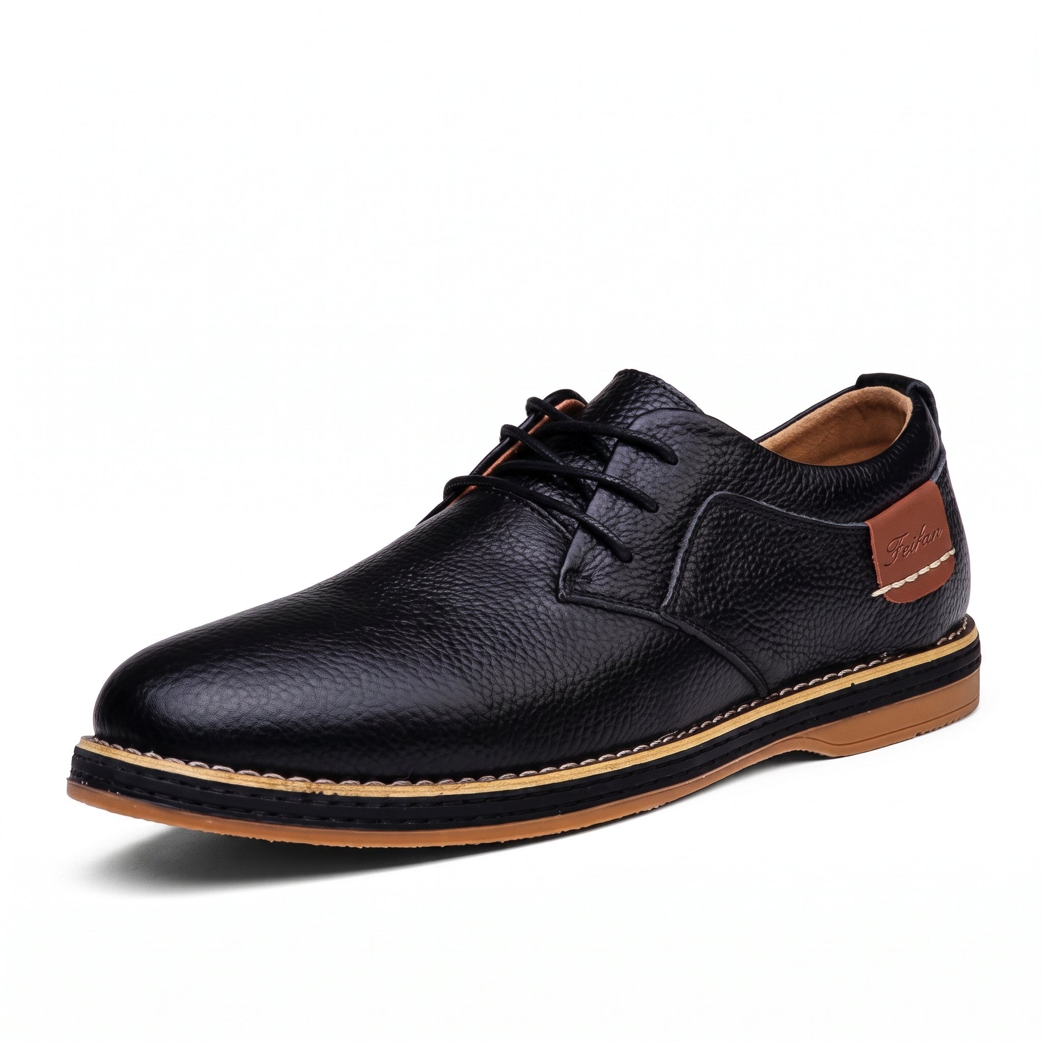 Jonas - Men's Casual Plain Contrast Tan Trim Derby Shoes - Shoes - Black - Parker&Brooks