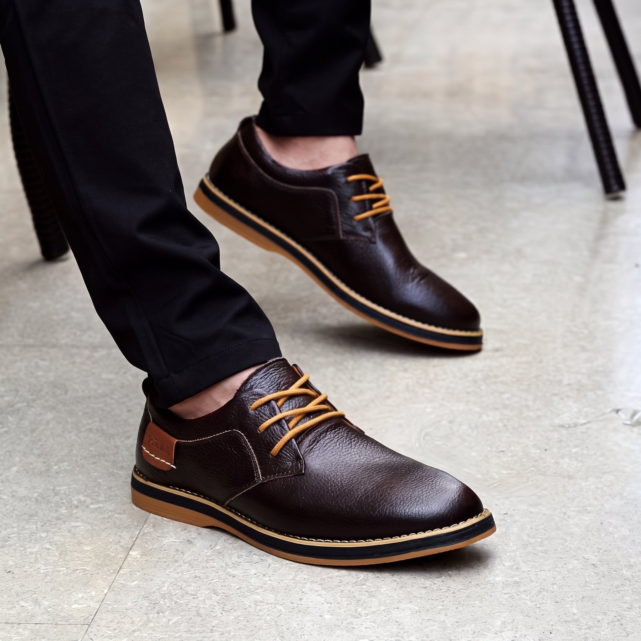Jonas - Men's Casual Plain Contrast Tan Trim Derby Shoes - Shoes - Black - Parker&Brooks