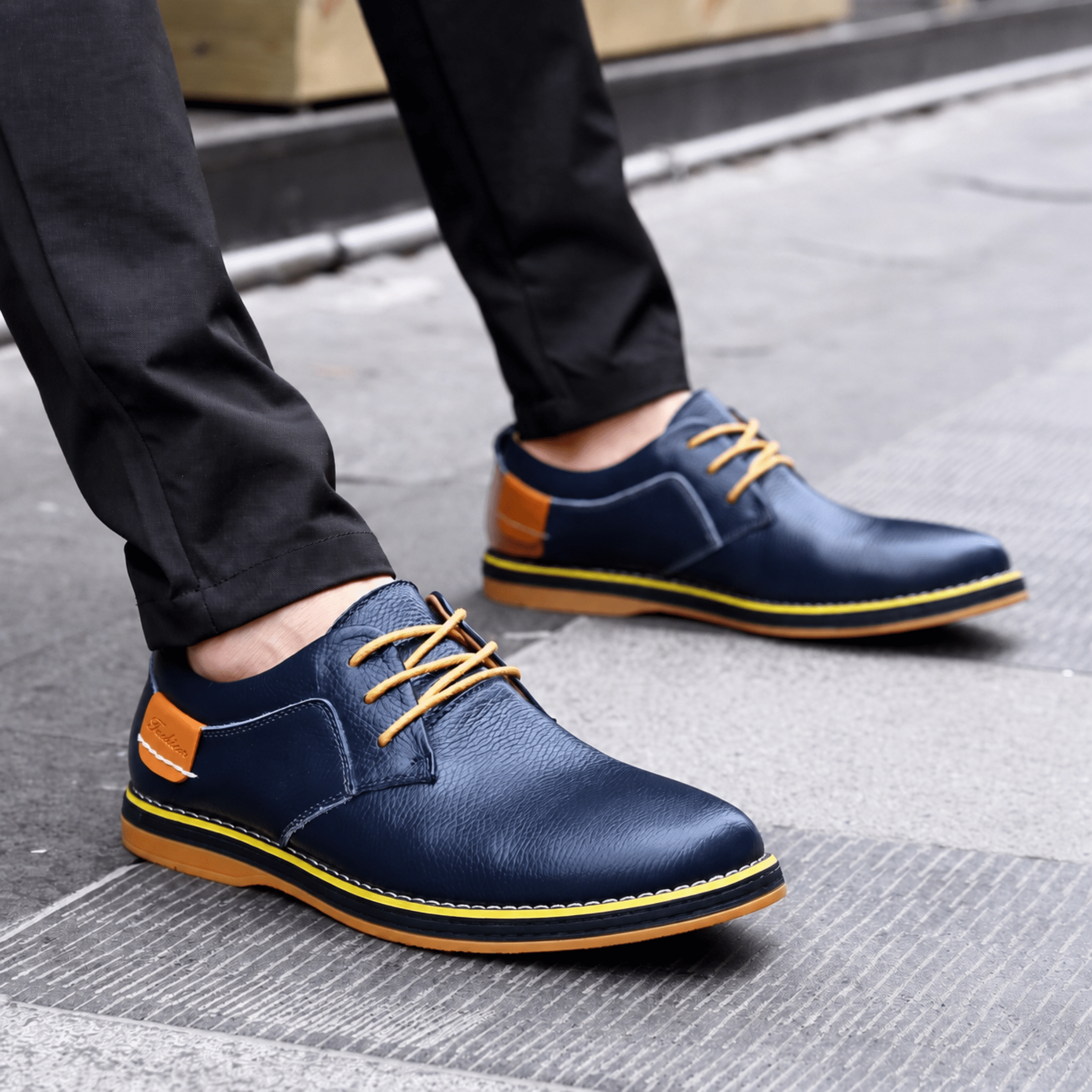 Jonas - Men's Casual Plain Contrast Tan Trim Derby Shoes - Shoes - Dark Blue - Parker&Brooks