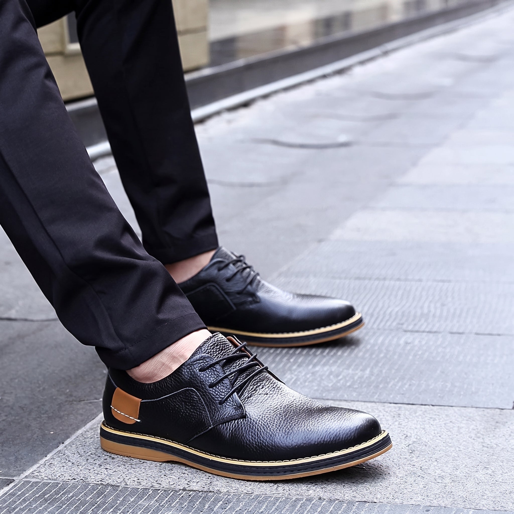 Jonas - Men's Casual Plain Contrast Tan Trim Derby Shoes - Shoes - Brown - Parker&Brooks