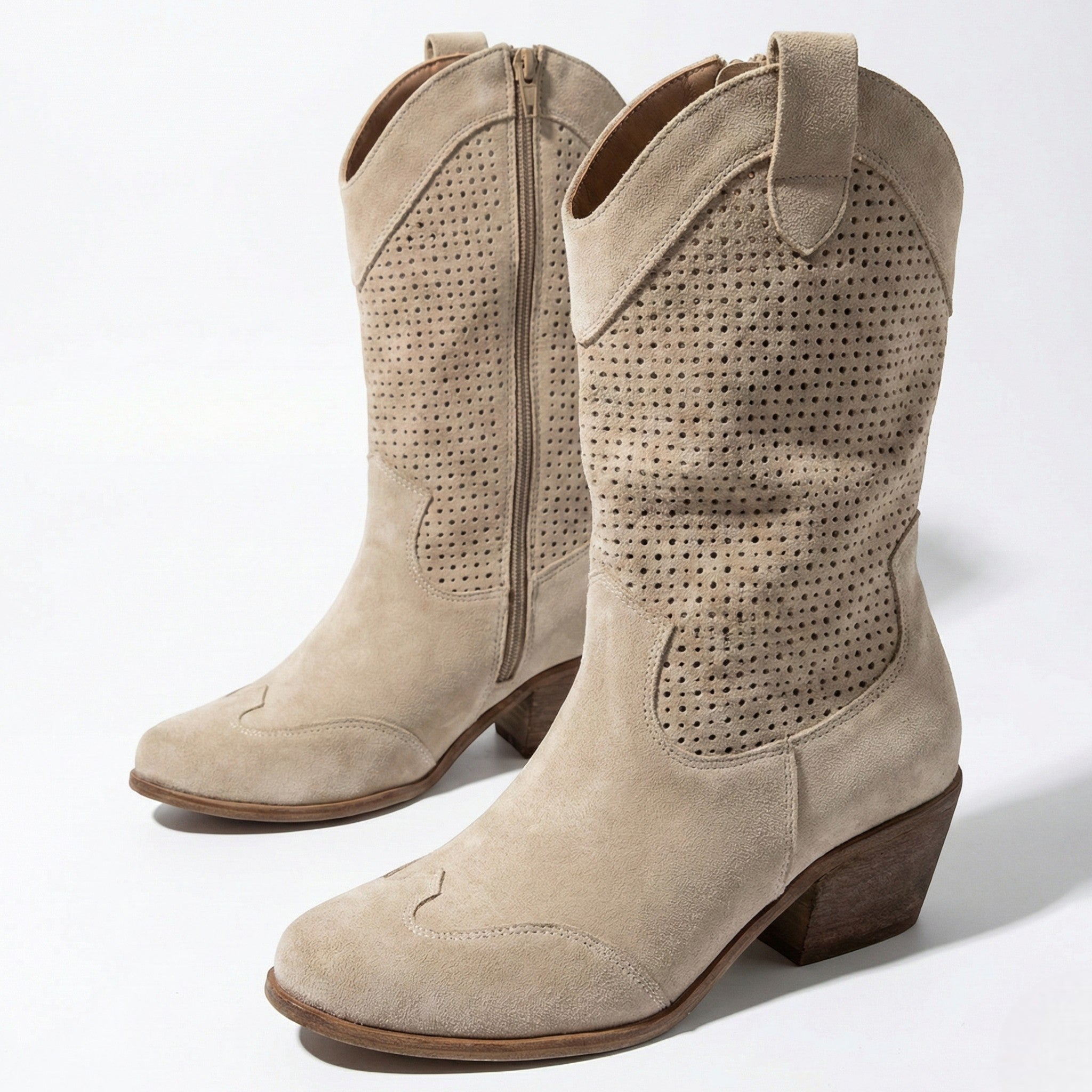 Josiane - Women's Block Heel Cowboy Boots - Boots - Beige - Parker&Brooks