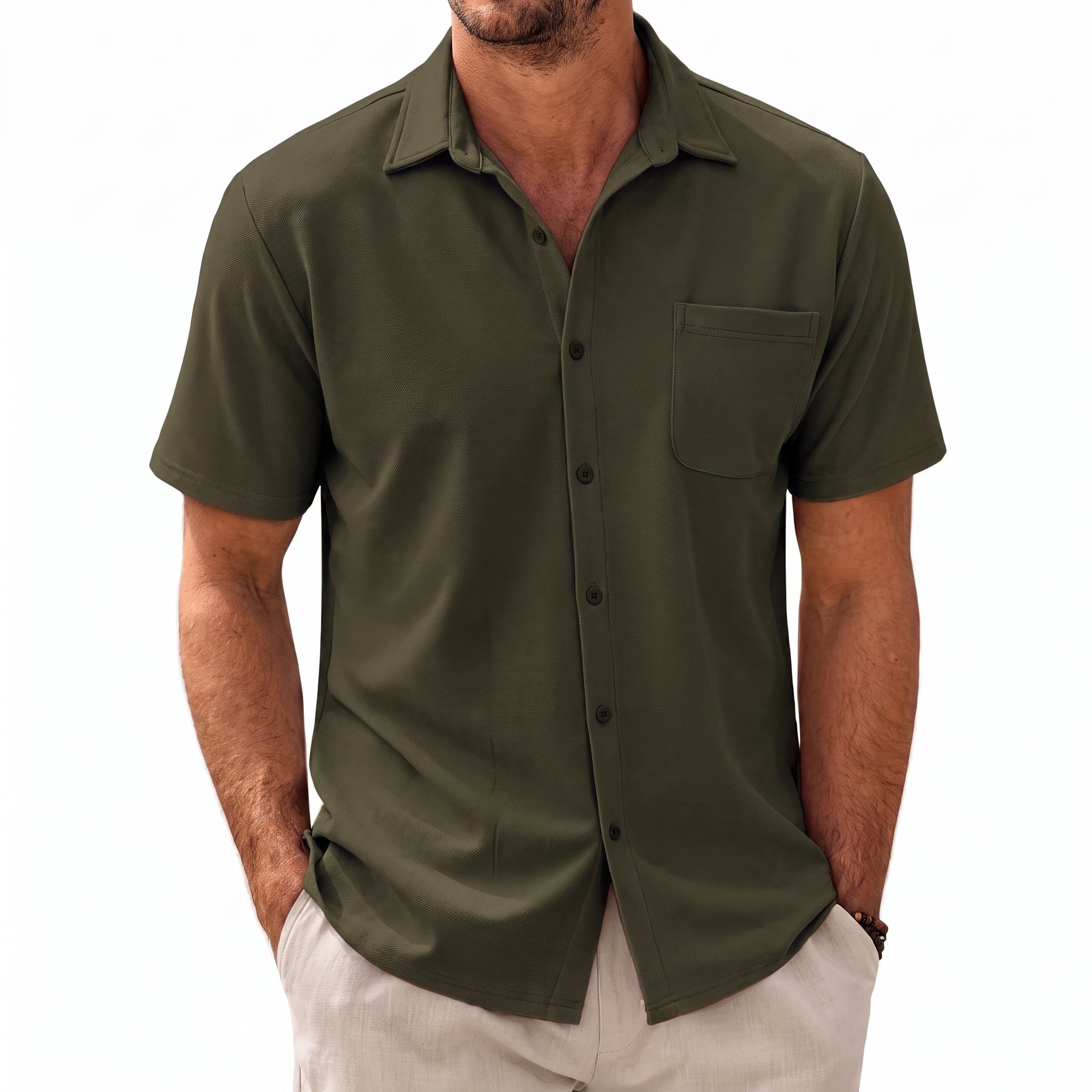 Kurt – Men's Summer Straight Collar Short Sleeve Shirt - Shirts - Army Green - Parker&Brooks