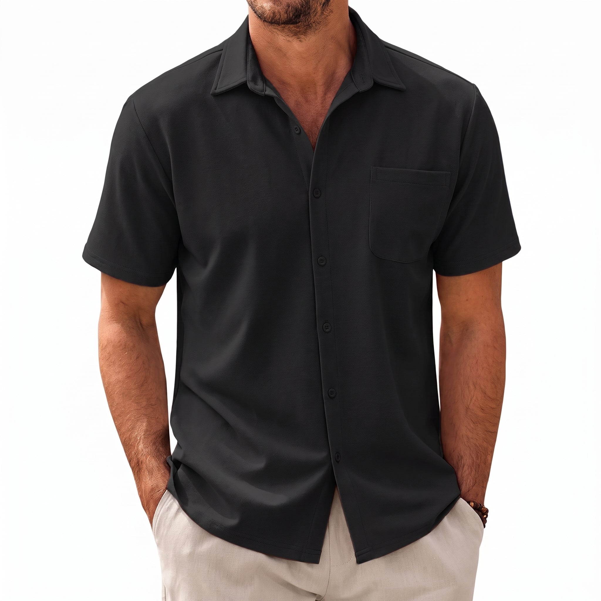 Kurt – Men's Summer Straight Collar Short Sleeve Shirt - Shirts - Black - Parker&Brooks