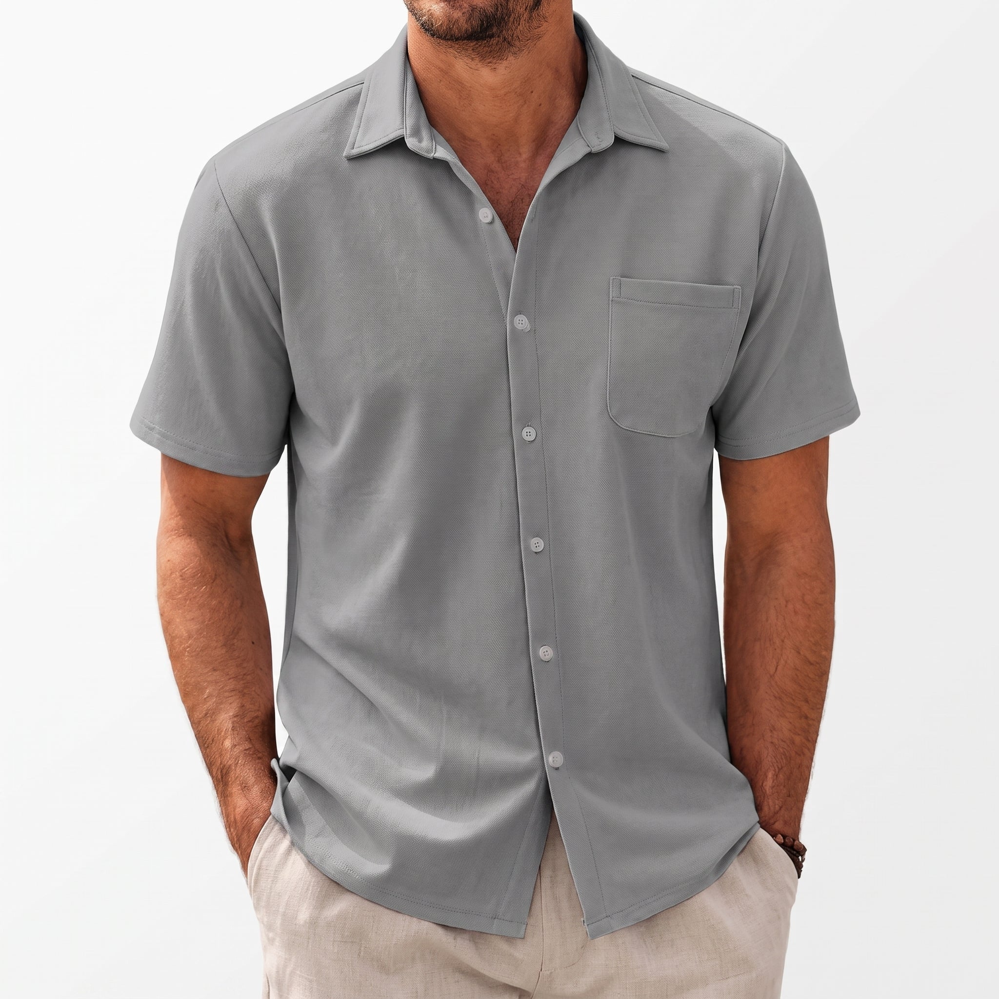Kurt – Men's Summer Straight Collar Short Sleeve Shirt - Shirts - Light Gray - Parker&Brooks