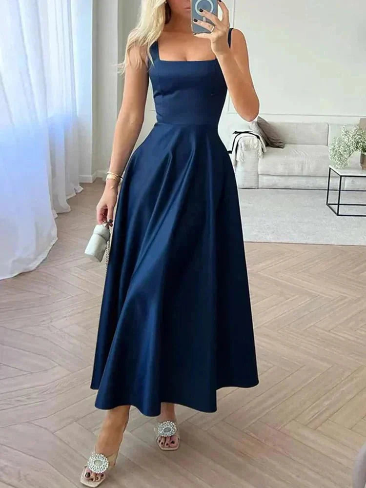 Laila Stylish Satin Midi Dress – Formal A-Line Fit with Spaghetti Straps