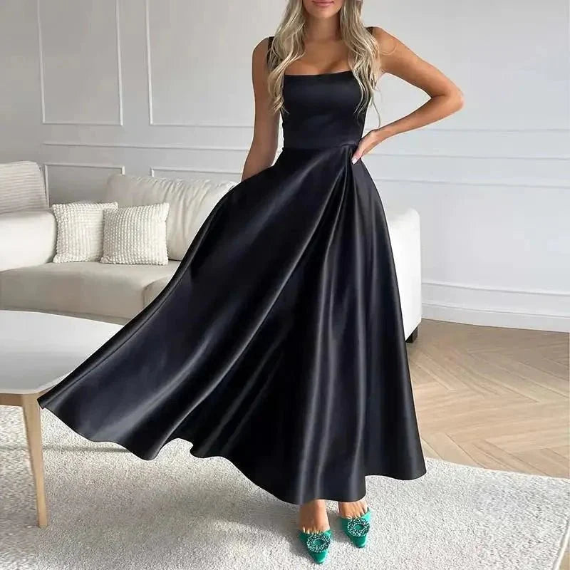 Laila Stylish Satin Midi Dress – Formal A-Line Fit with Spaghetti Straps